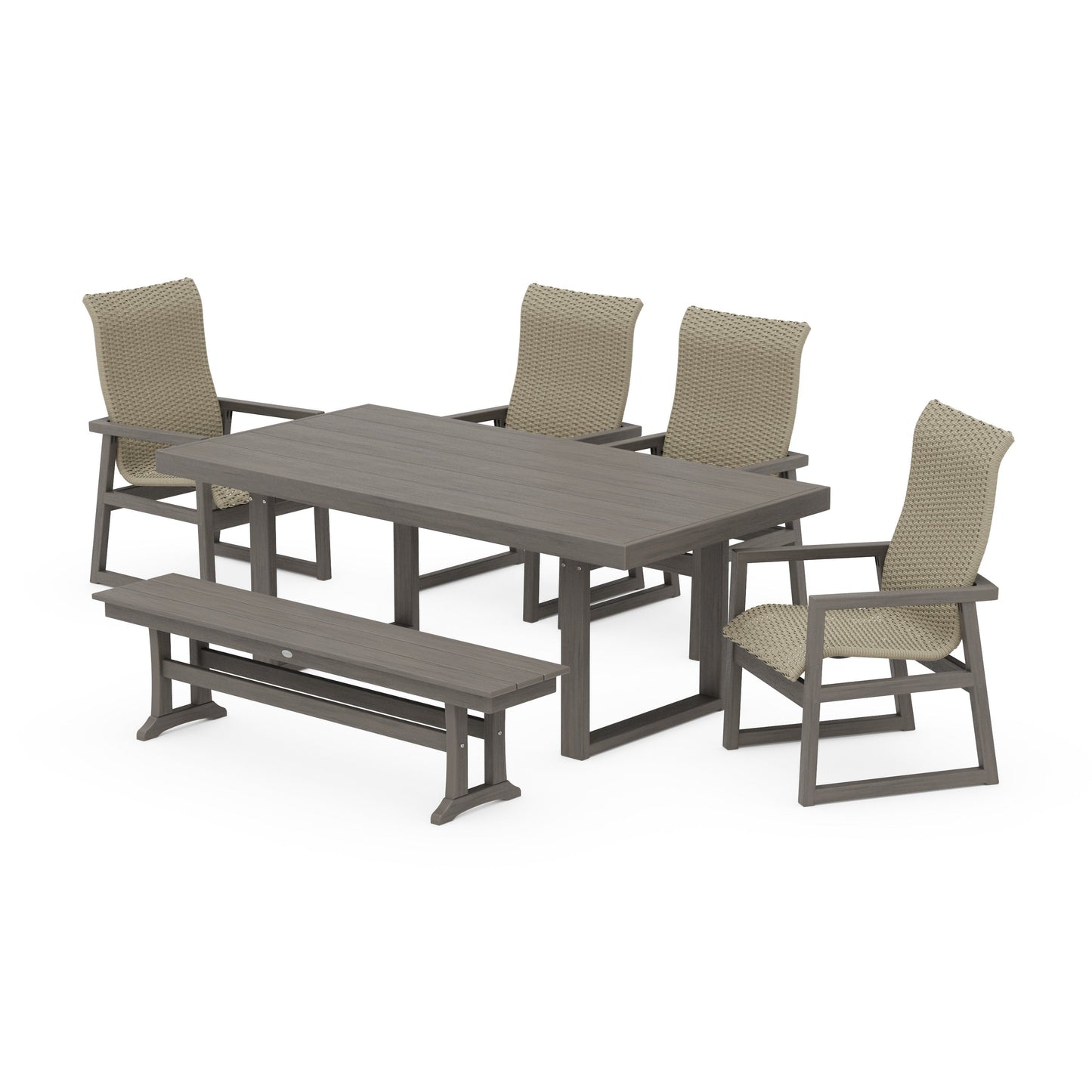 POLYWOOD EDGE Woven Highback 6-Piece Dining Set with Bench — Driftwood / Dune Grass