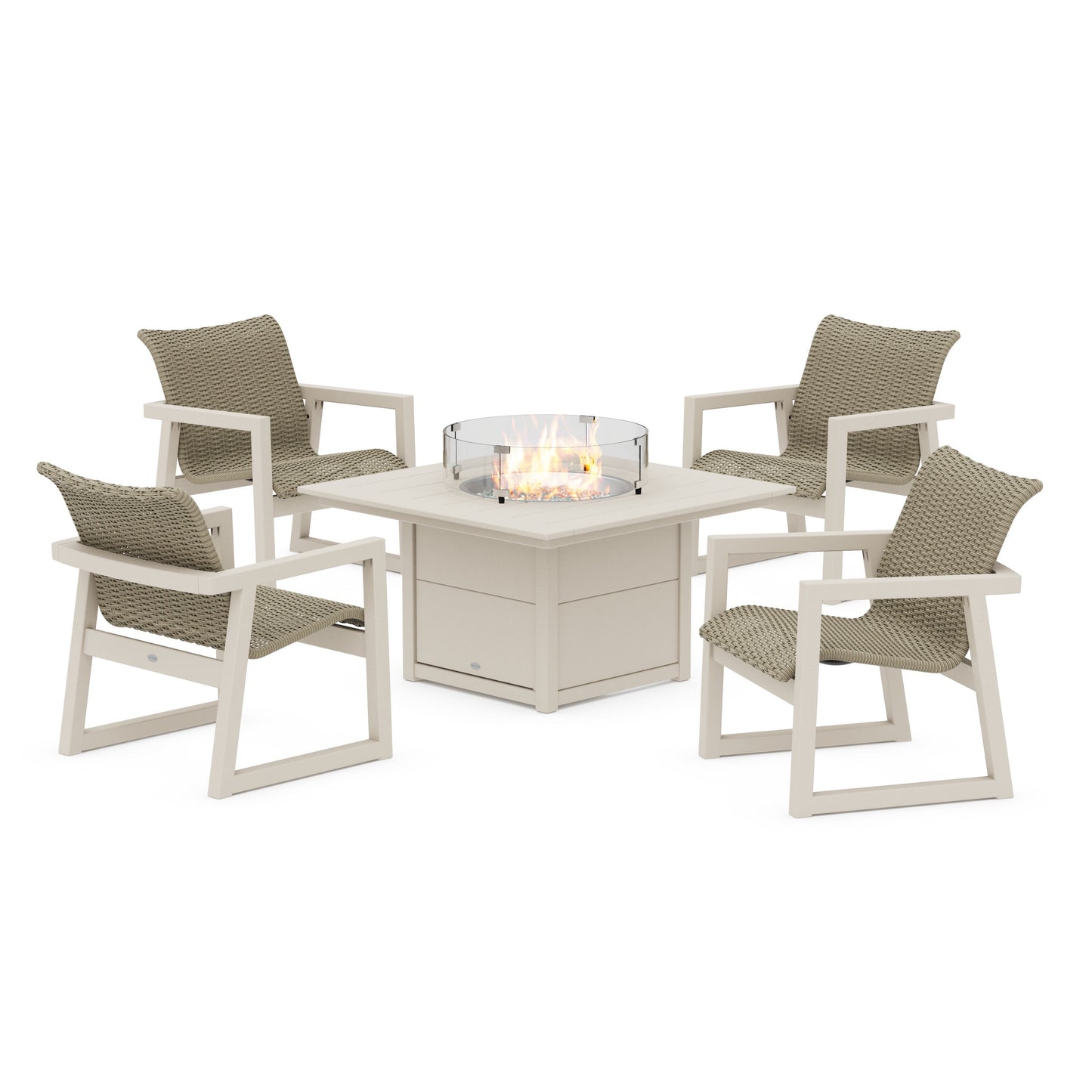 POLYWOOD EDGE Woven 5-Piece Lounge Chair Seating Set with Fire Pit Table — Sand / Dune Grass