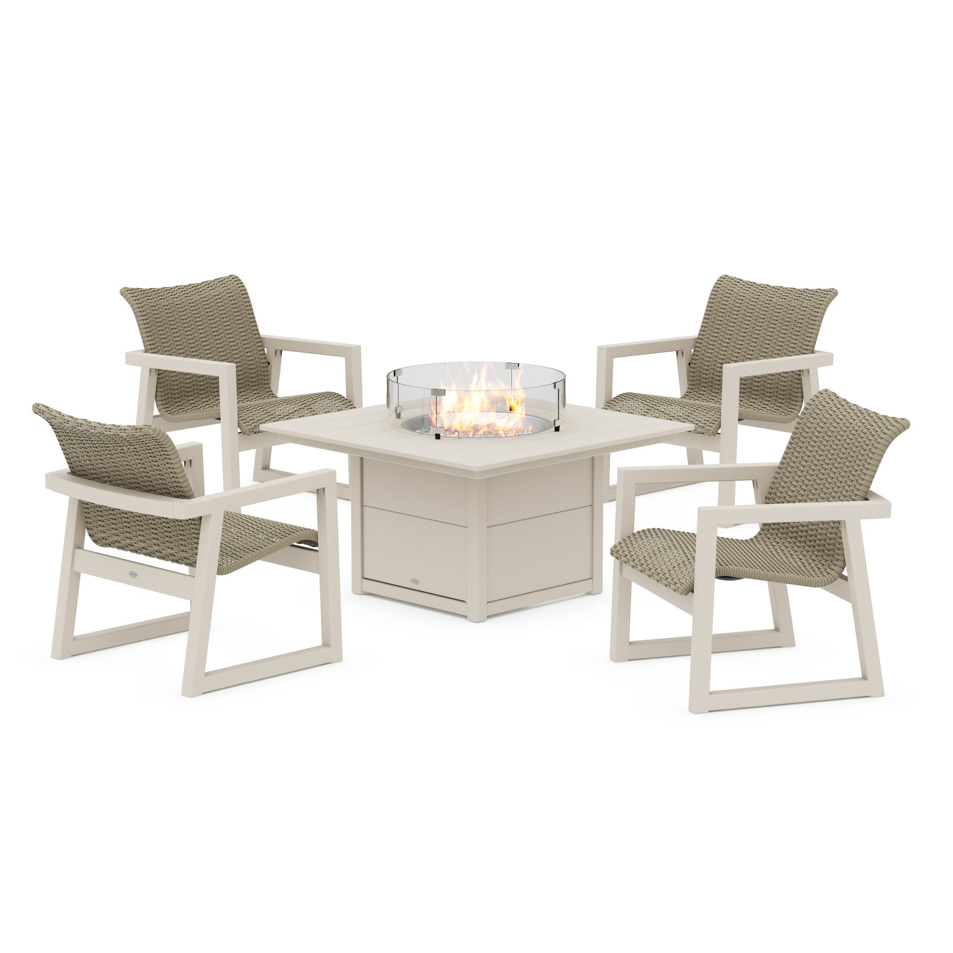 POLYWOOD EDGE Woven 5-Piece Lounge Chair Seating Set with Fire Pit Table — Sand / Dune Grass