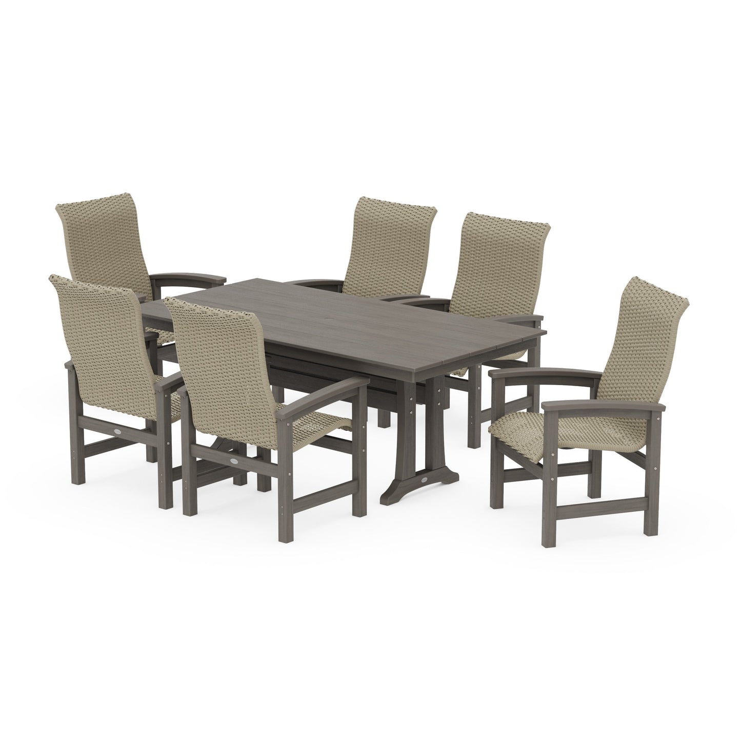 POLYWOOD Coastal Woven High-Back Arm Chair 7-Piece Farmhouse Dining Set with Trestle Legs — Driftwood / Dune Grass