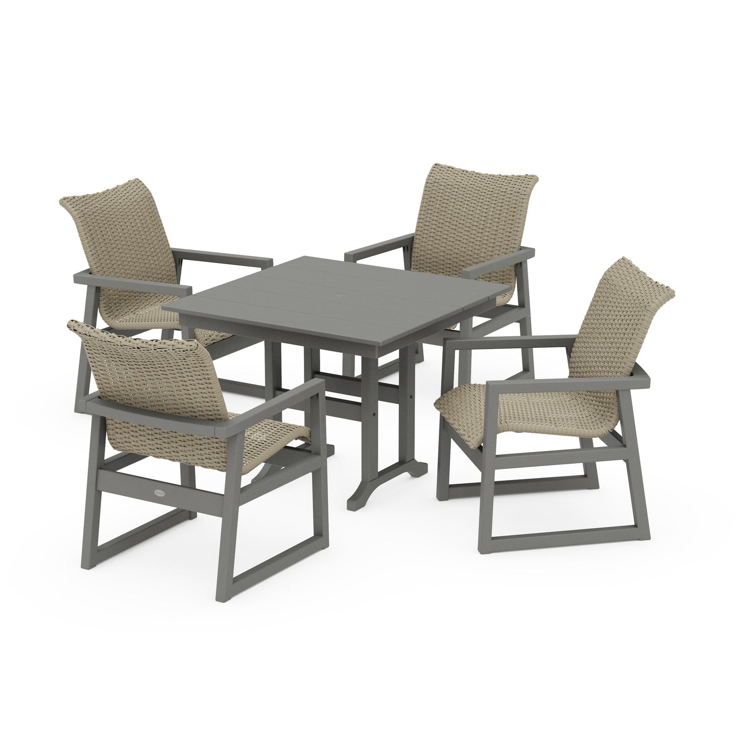 POLYWOOD EDGE Woven 5-Piece Farmhouse Dining Set — Slate Grey / Dune Grass