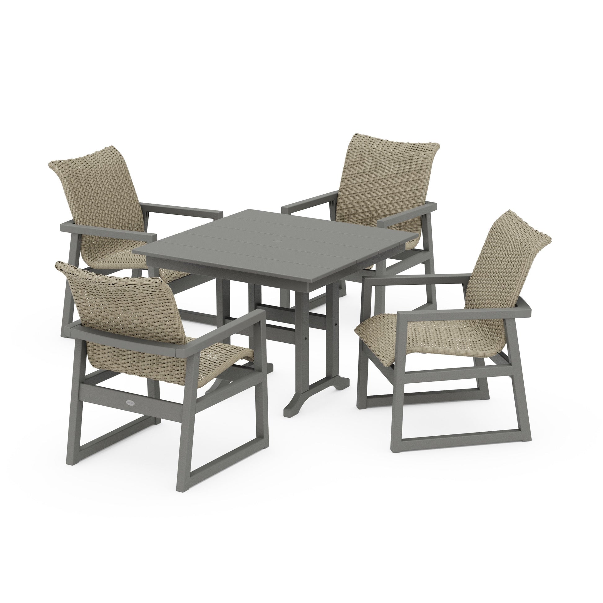 POLYWOOD EDGE Woven 5-Piece Farmhouse Dining Set — Slate Grey / Dune Grass