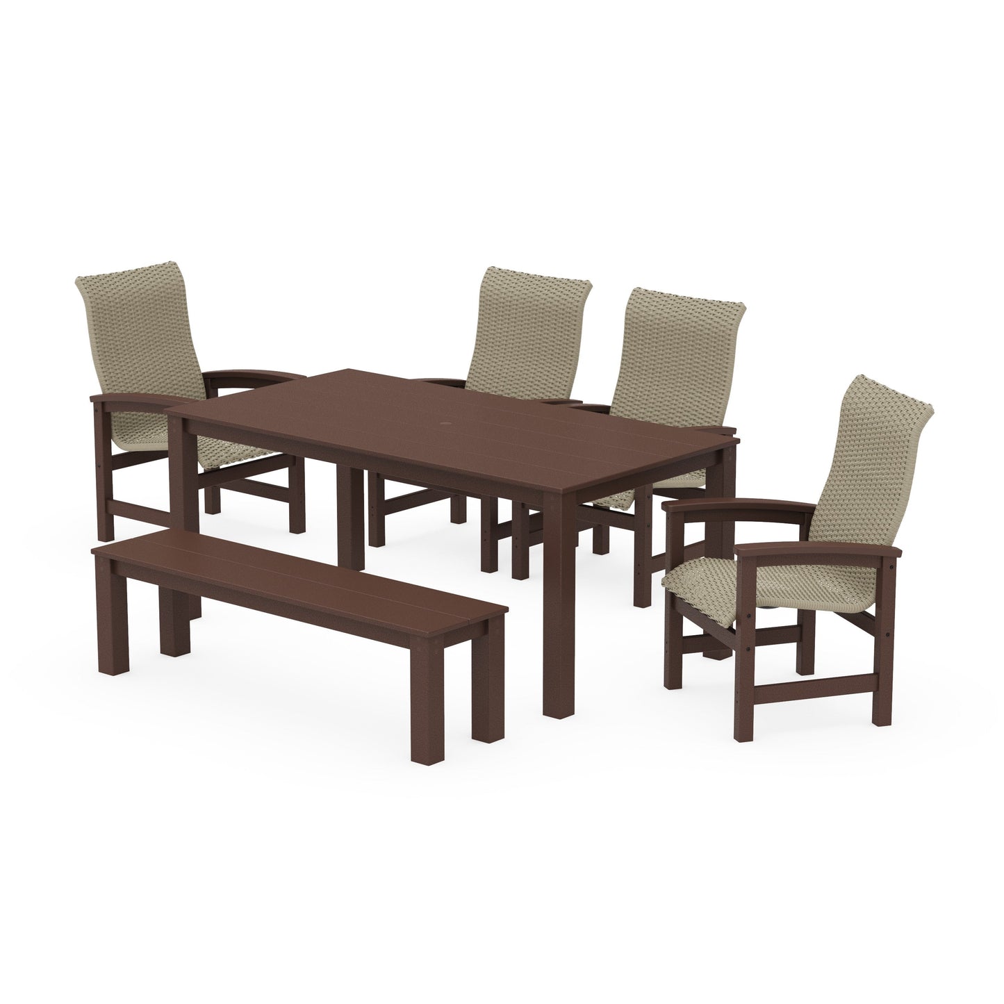 POLYWOOD Coastal Woven High-Back 6-Piece Parsons Dining Set with Bench — Mahogany / Dune Grass