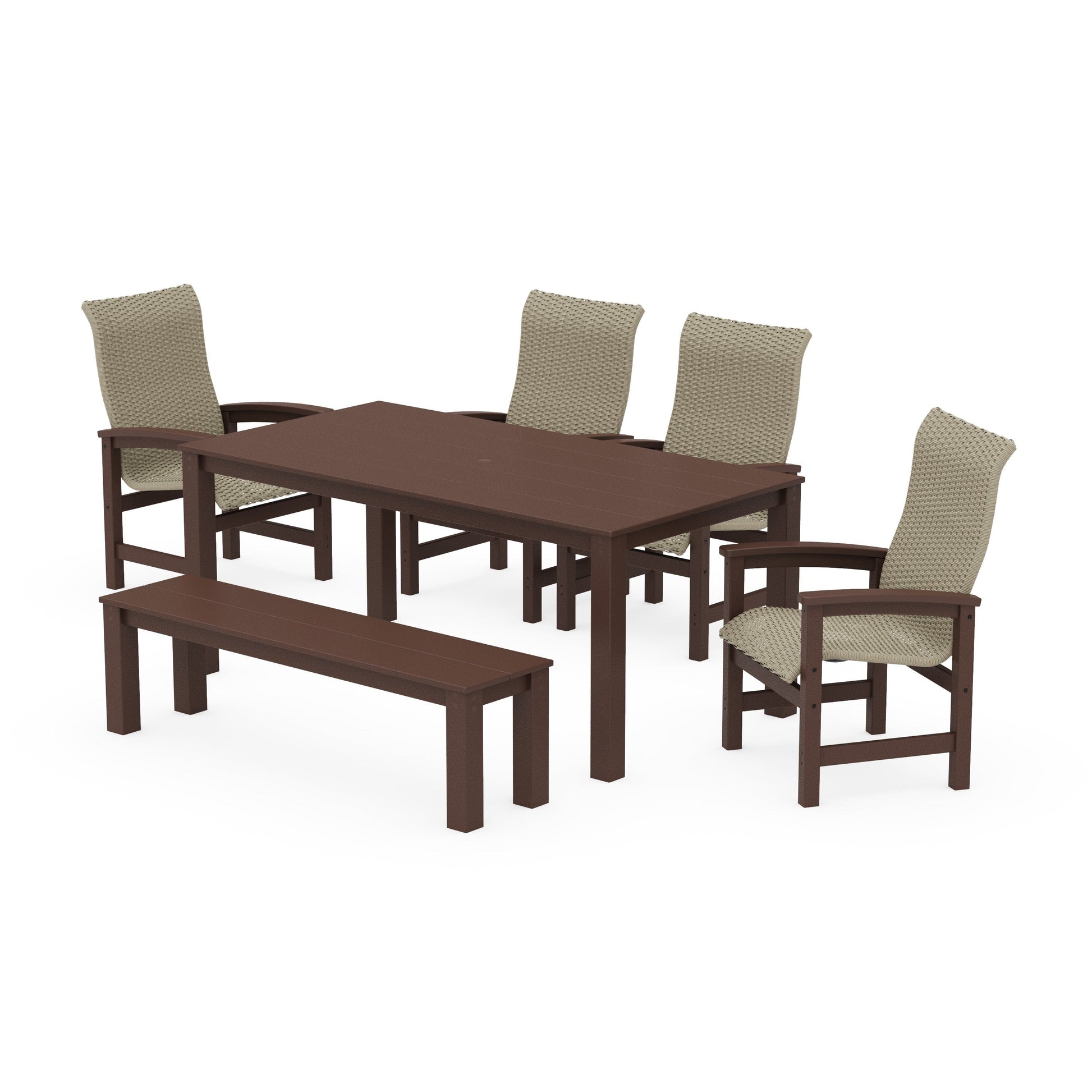 POLYWOOD Coastal Woven High-Back 6-Piece Parsons Dining Set with Bench — Mahogany / Dune Grass