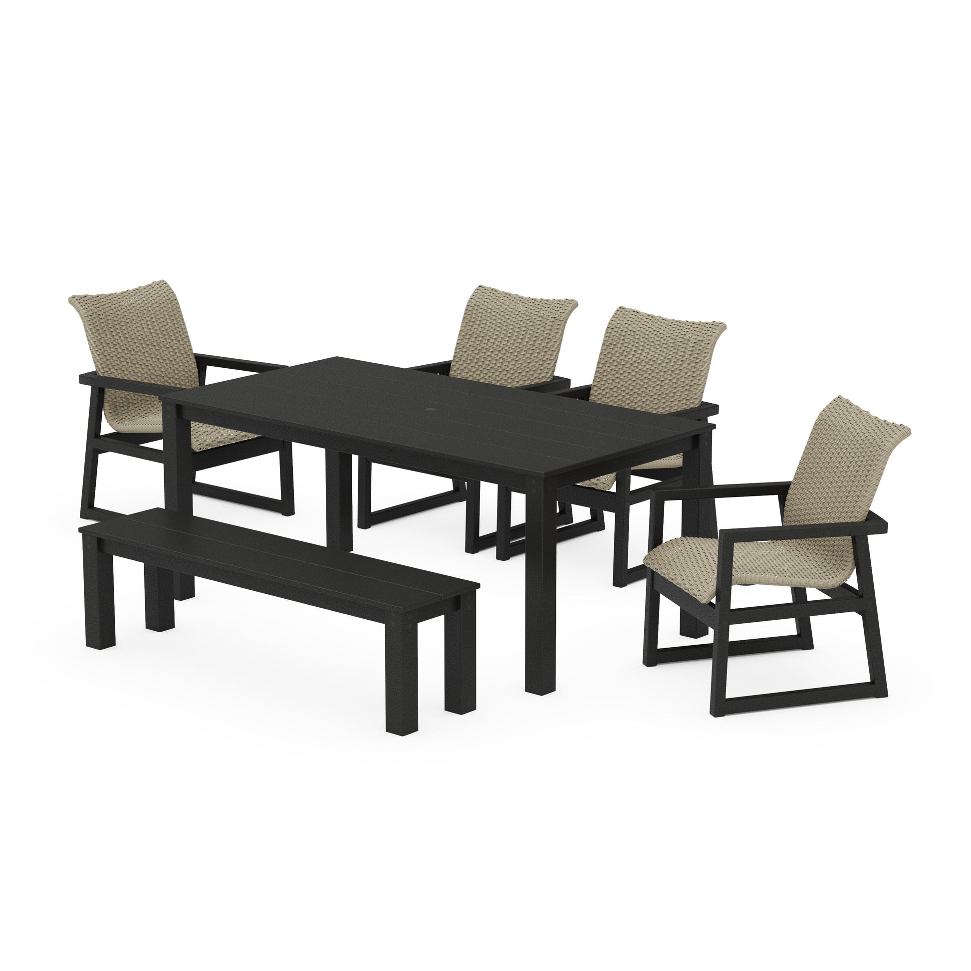 POLYWOOD EDGE Woven 6-Piece Parsons Dining Set with Bench — Black / Dune Grass