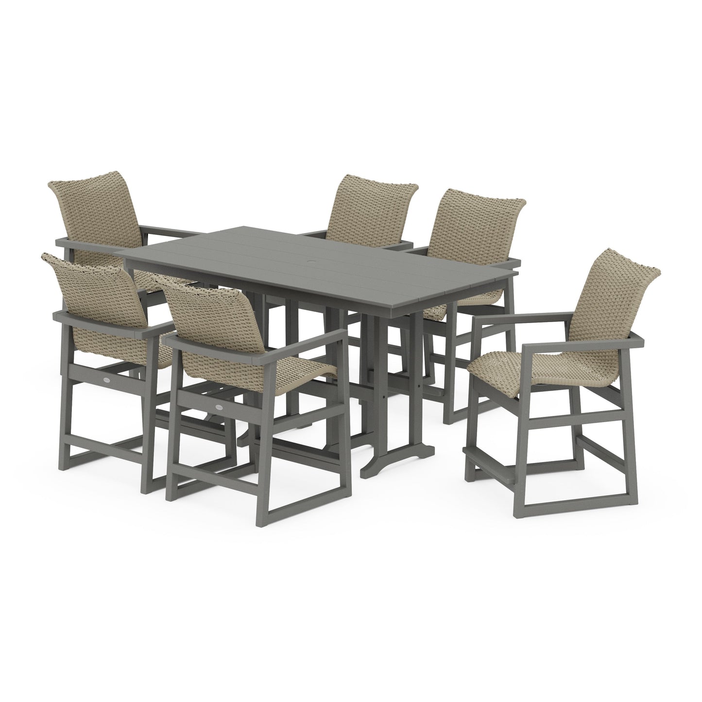 POLYWOOD EDGE Woven Arm Chair 7-Piece Farmhouse Counter Set — Slate Grey / Dune Grass