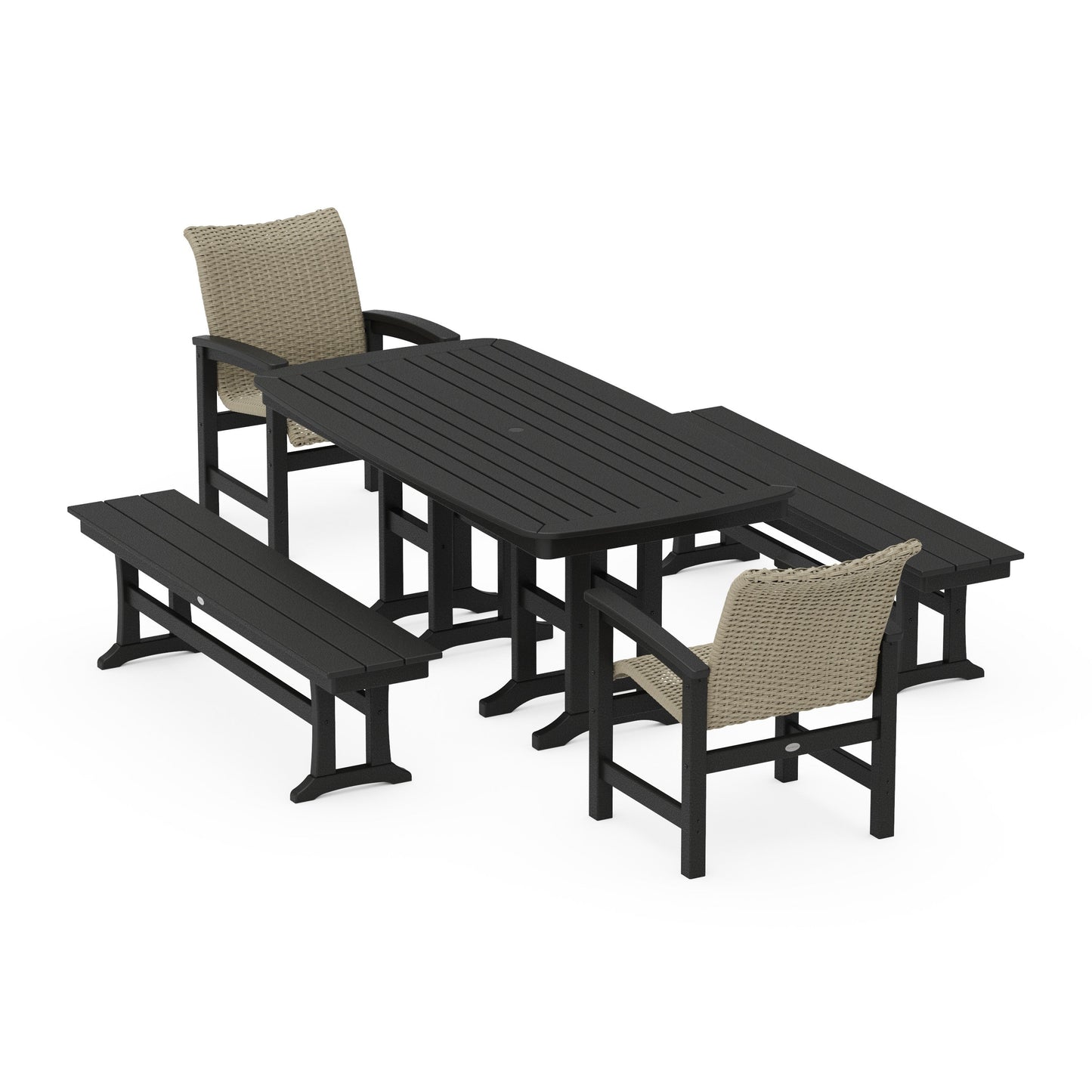 POLYWOOD Coastal Woven 5-Piece Dining Set with Benches — Black / Dune Grass