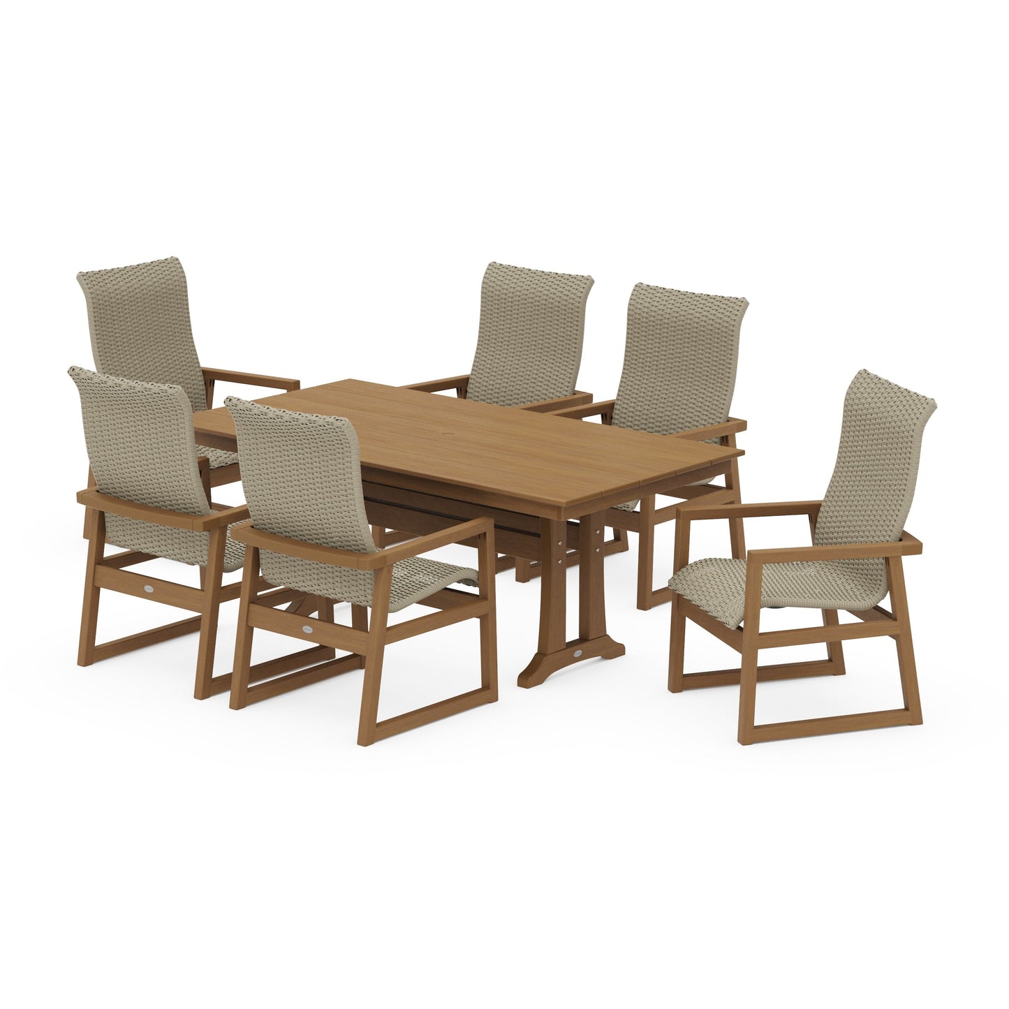 POLYWOOD EDGE Woven Highback Arm Chair 7-Piece Farmhouse Dining Set with Trestle Legs — Natural / Dune Grass