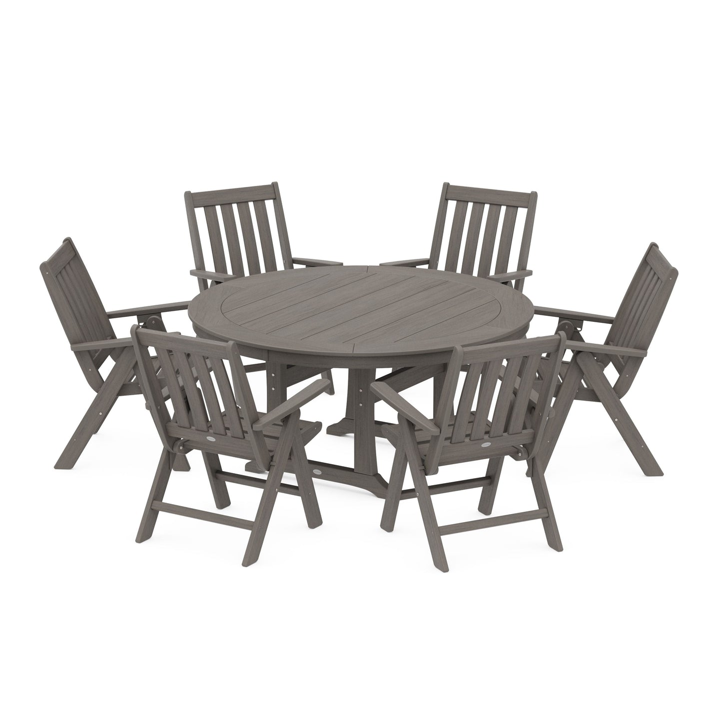 POLYWOOD Vineyard Folding 7-Piece Side Chair Round Dining Set — Driftwood