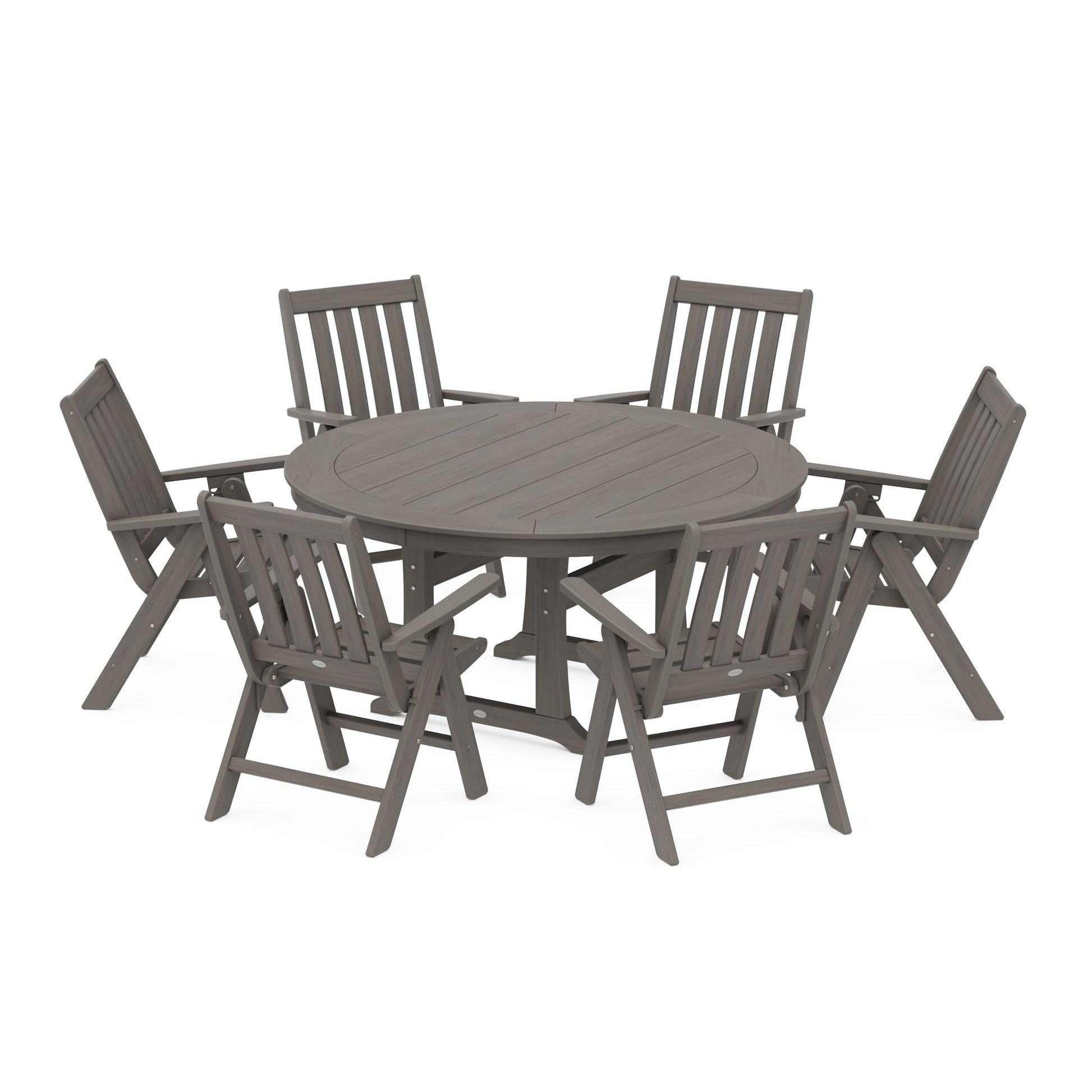 POLYWOOD Vineyard Folding 7-Piece Side Chair Round Dining Set — Driftwood
