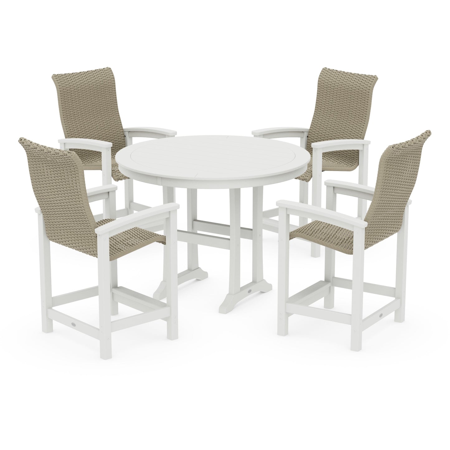 POLYWOOD Coastal Woven High-Back 5-Piece Round Counter Set — White / Dune Grass
