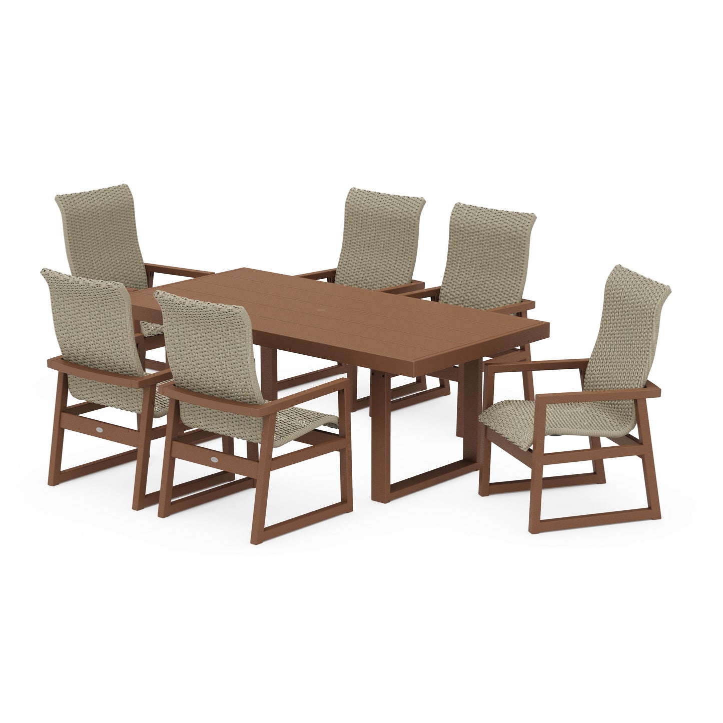POLYWOOD EDGE Woven Highback Arm Chair 7-Piece Dining Set — Teak / Dune Grass