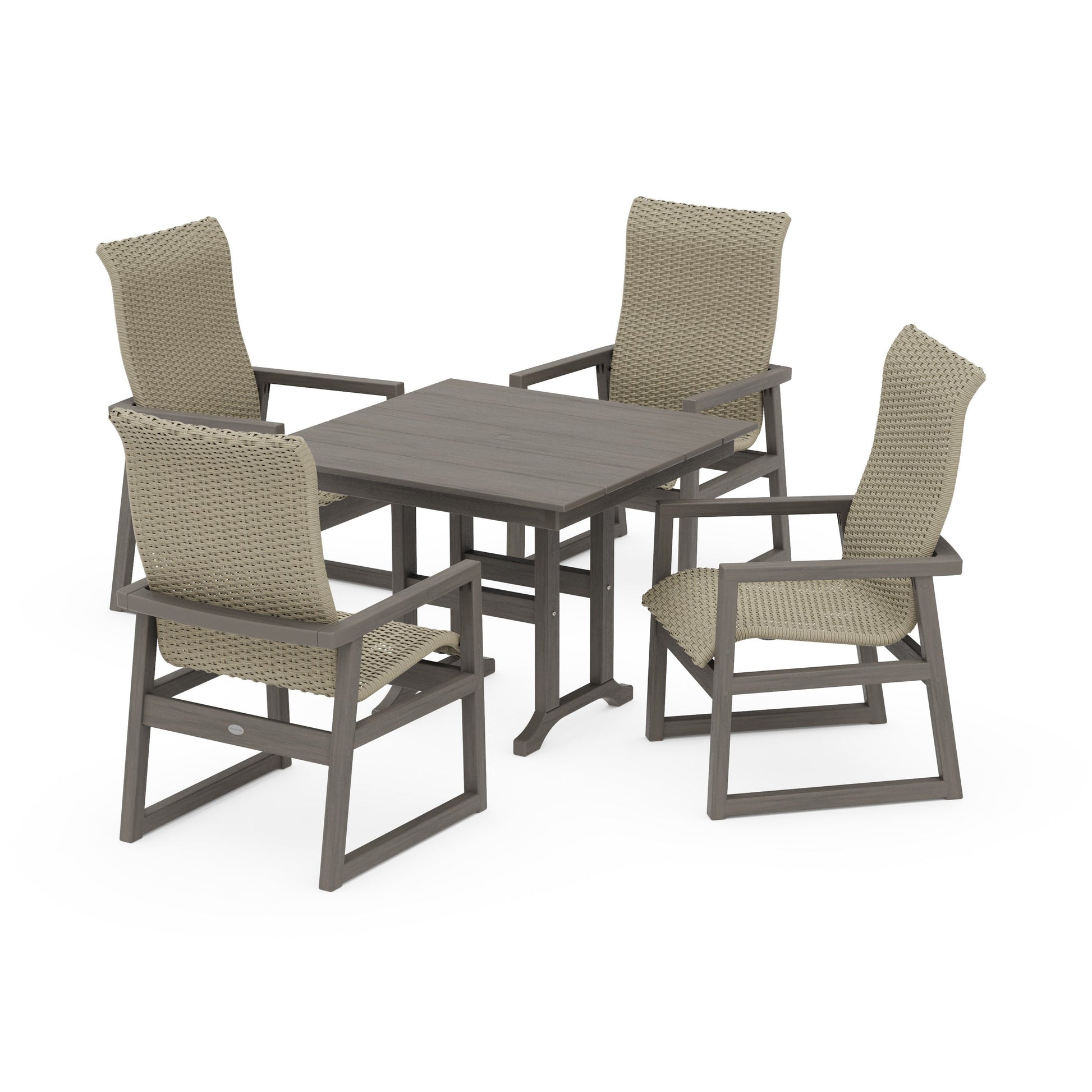 POLYWOOD EDGE Woven Highback 5-Piece Farmhouse Dining Set — Driftwood / Dune Grass