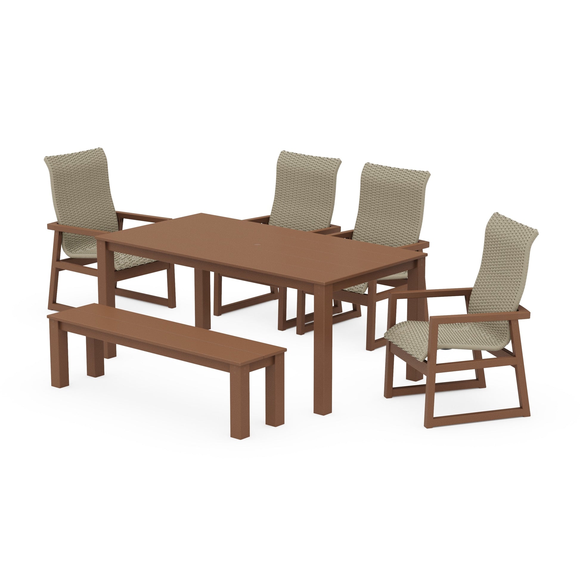 POLYWOOD EDGE Woven Highback 6-Piece Parsons Dining Set with Bench — Teak / Dune Grass