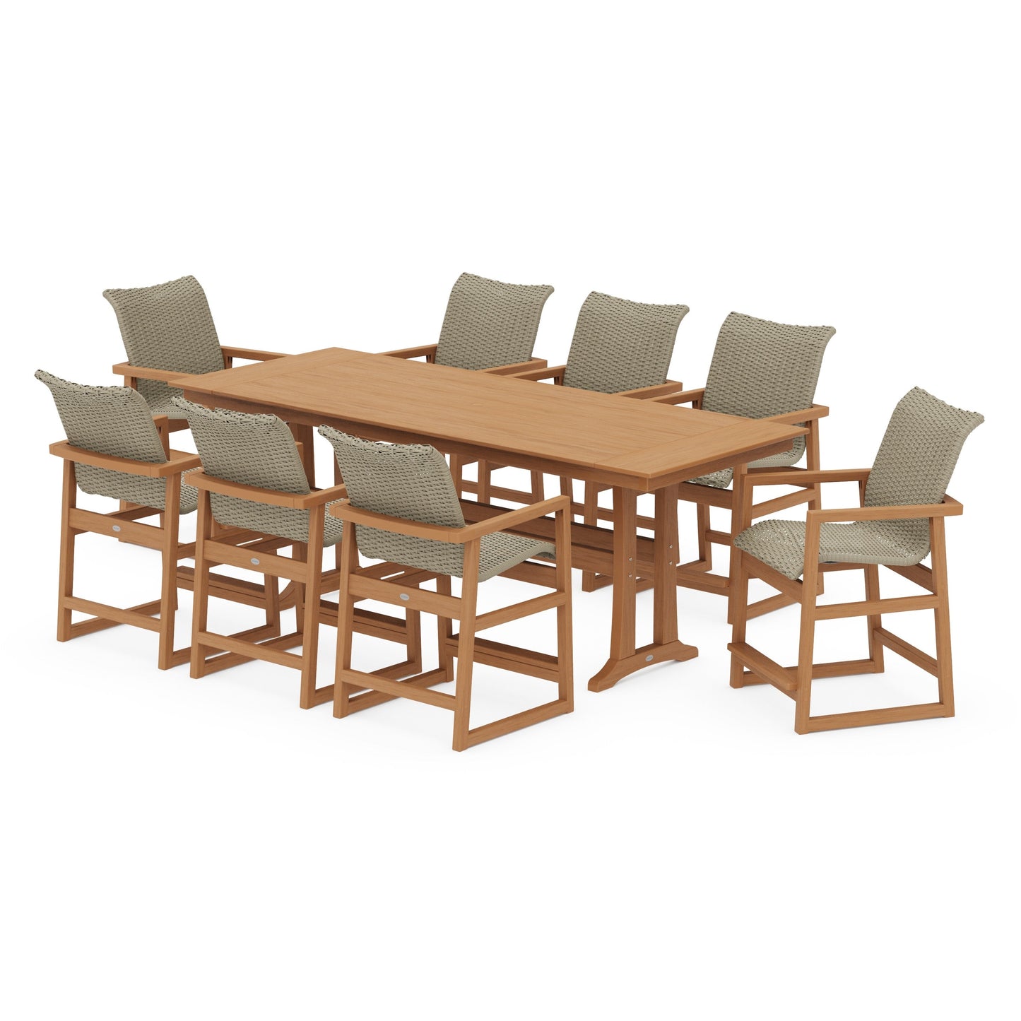 POLYWOOD EDGE Woven 9-Piece Farmhouse Counter Set with Trestle Legs — Natural / Dune Grass