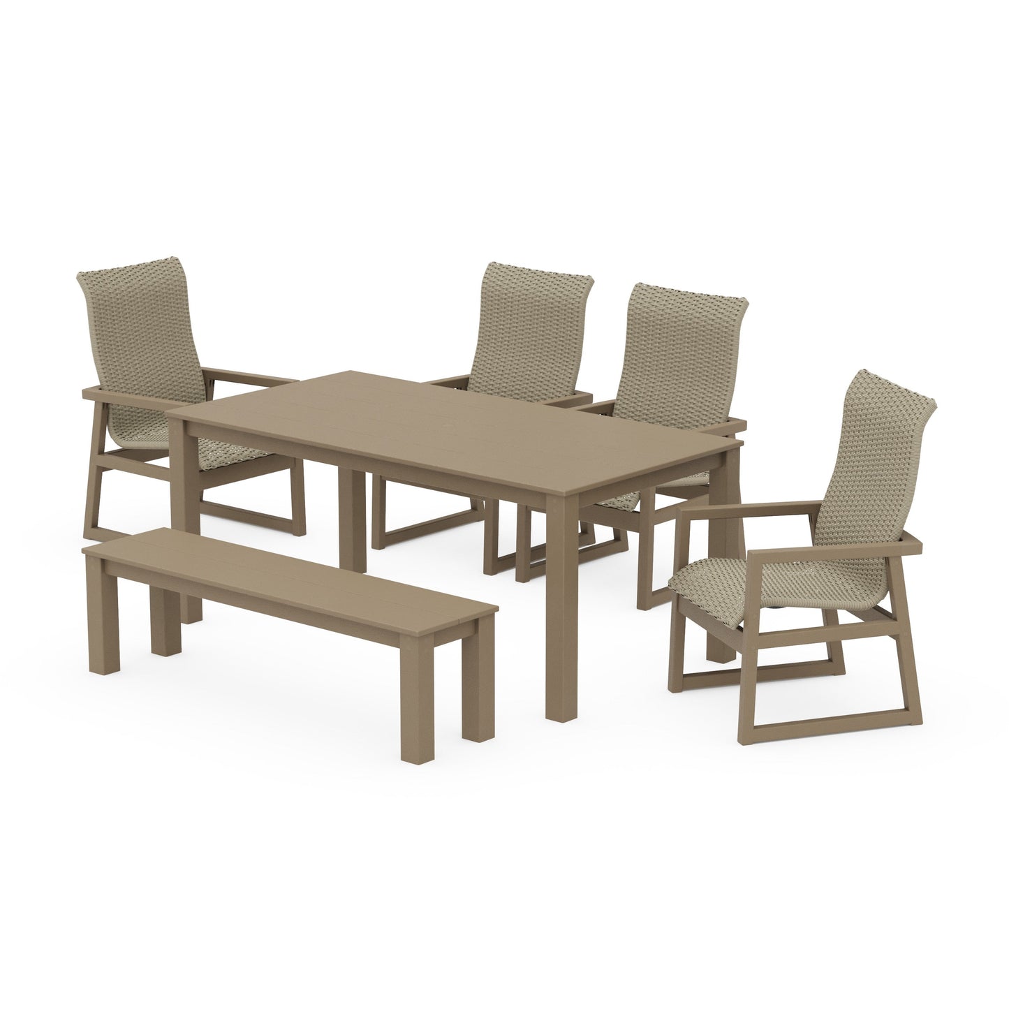 POLYWOOD EDGE Woven Highback 6-Piece Parsons Dining Set with Bench — Vintage Sahara / Dune Grass