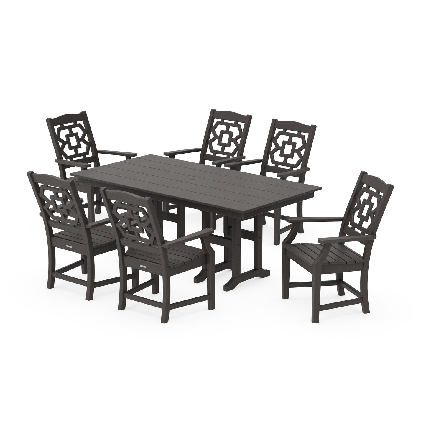 POLYWOOD Chinoiserie Arm Chair 7-Piece Farmhouse Dining Set — Vintage Coffee