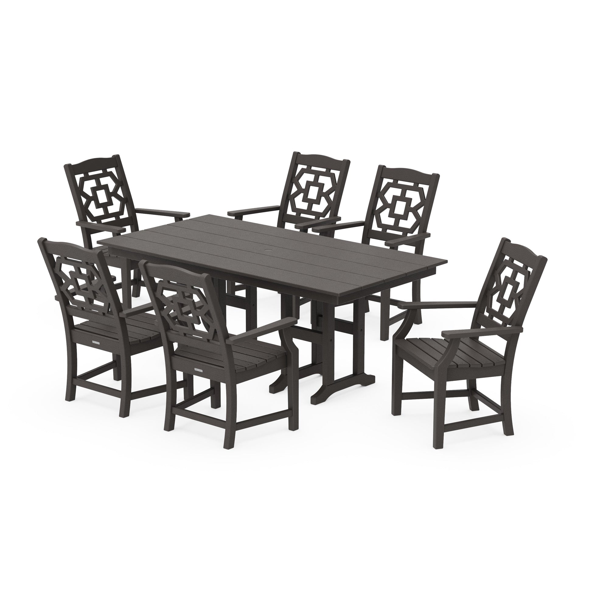 POLYWOOD Chinoiserie Arm Chair 7-Piece Farmhouse Dining Set — Vintage Coffee