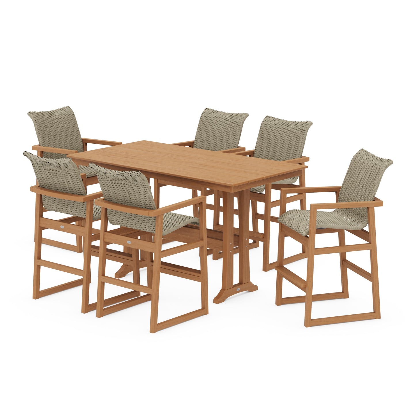 POLYWOOD EDGE Woven Arm Chair 7-Piece Farmhouse Bar Set with Trestle Legs — Natural / Dune Grass