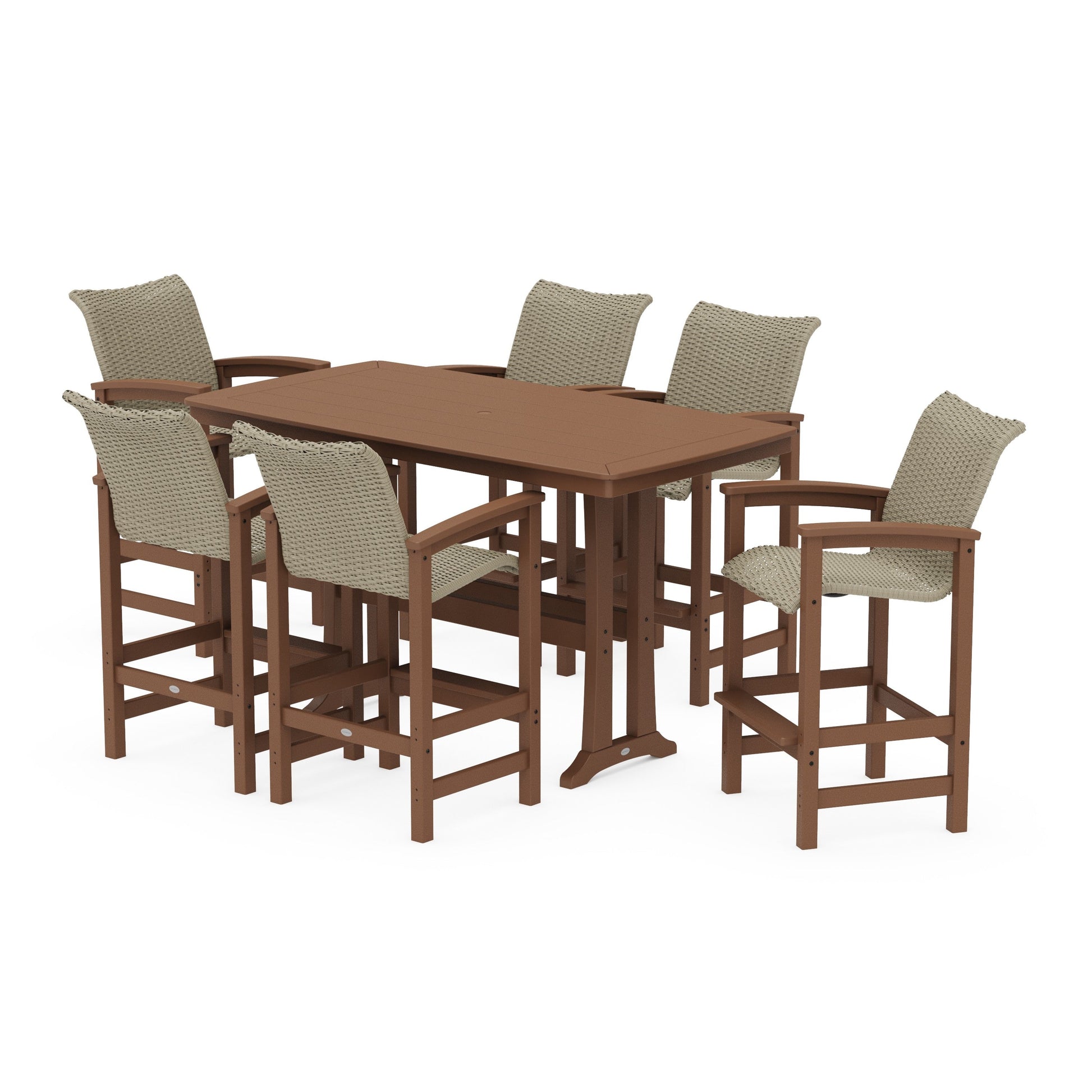 POLYWOOD Coastal Woven Arm Chair 7-Piece Bar Set with Trestle Legs — Teak / Dune Grass