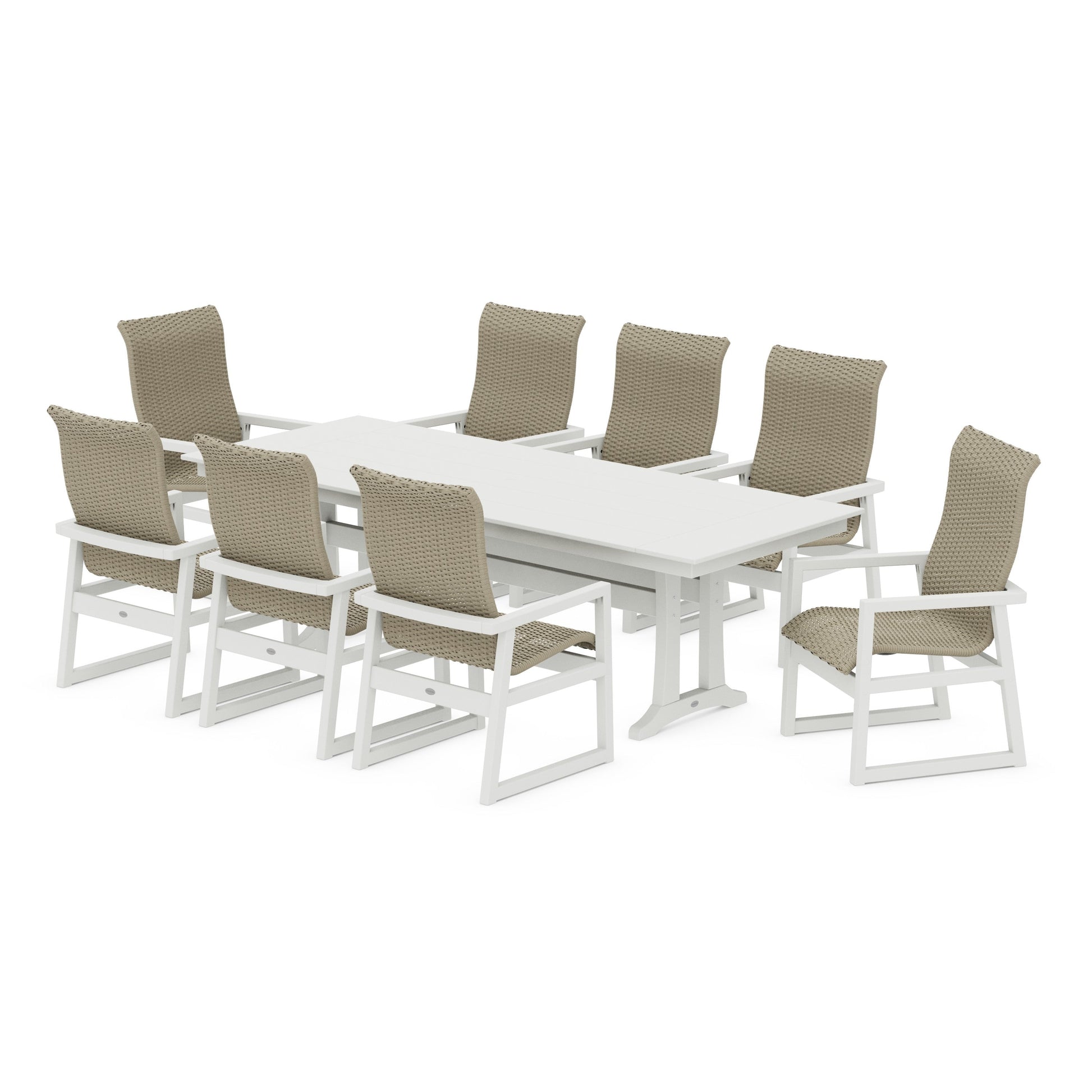 POLYWOOD EDGE Woven Highback 9-Piece Farmhouse Dining Set with Trestle Legs — Vintage White / Dune Grass