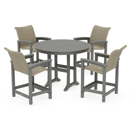 POLYWOOD Coastal Woven 5-Piece Round Counter Set — Slate Grey / Dune Grass