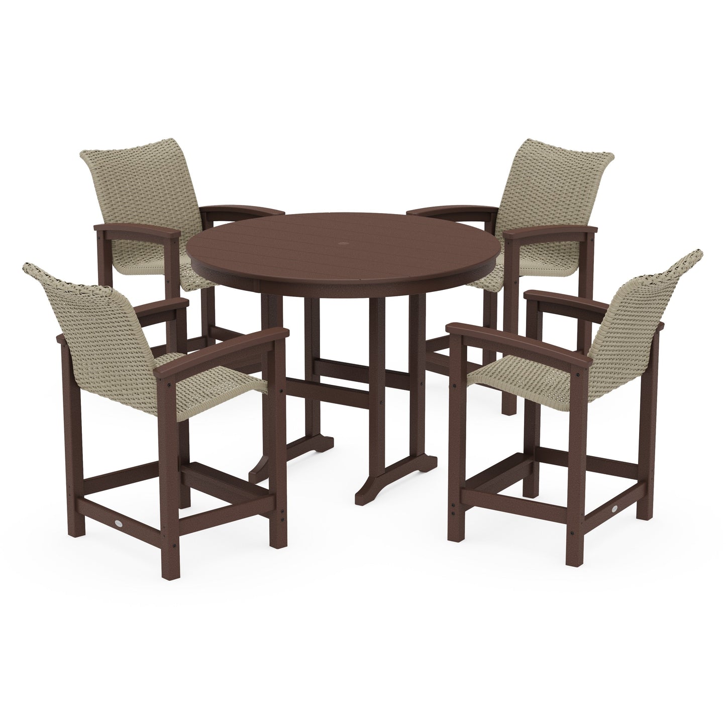 POLYWOOD Coastal Woven 5-Piece Round Farmhouse Counter Set — Mahogany / Dune Grass