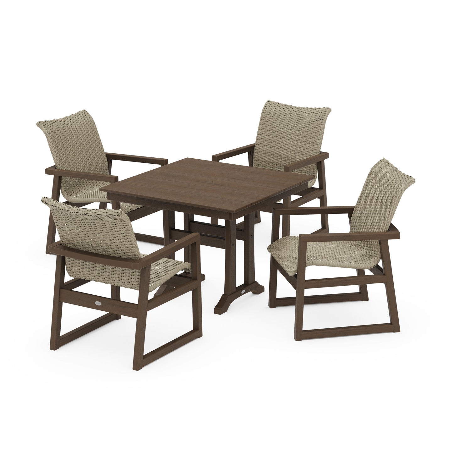 POLYWOOD EDGE Woven 5-Piece Farmhouse Dining Set with Trestle Legs — Kona / Dune Grass