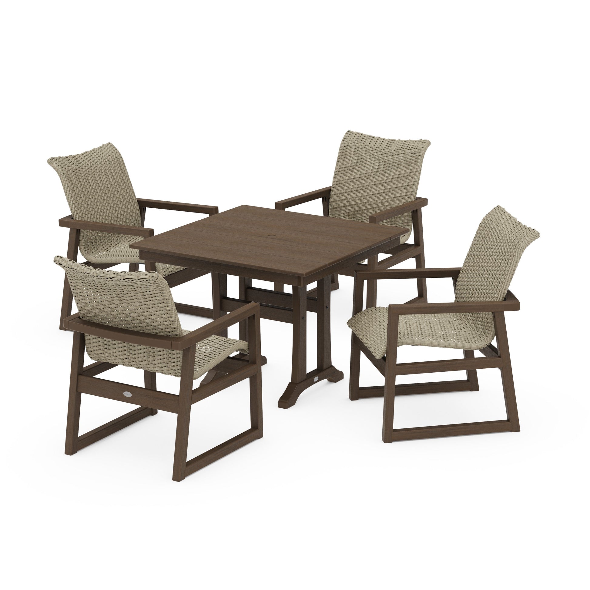 POLYWOOD EDGE Woven 5-Piece Farmhouse Dining Set with Trestle Legs — Kona / Dune Grass