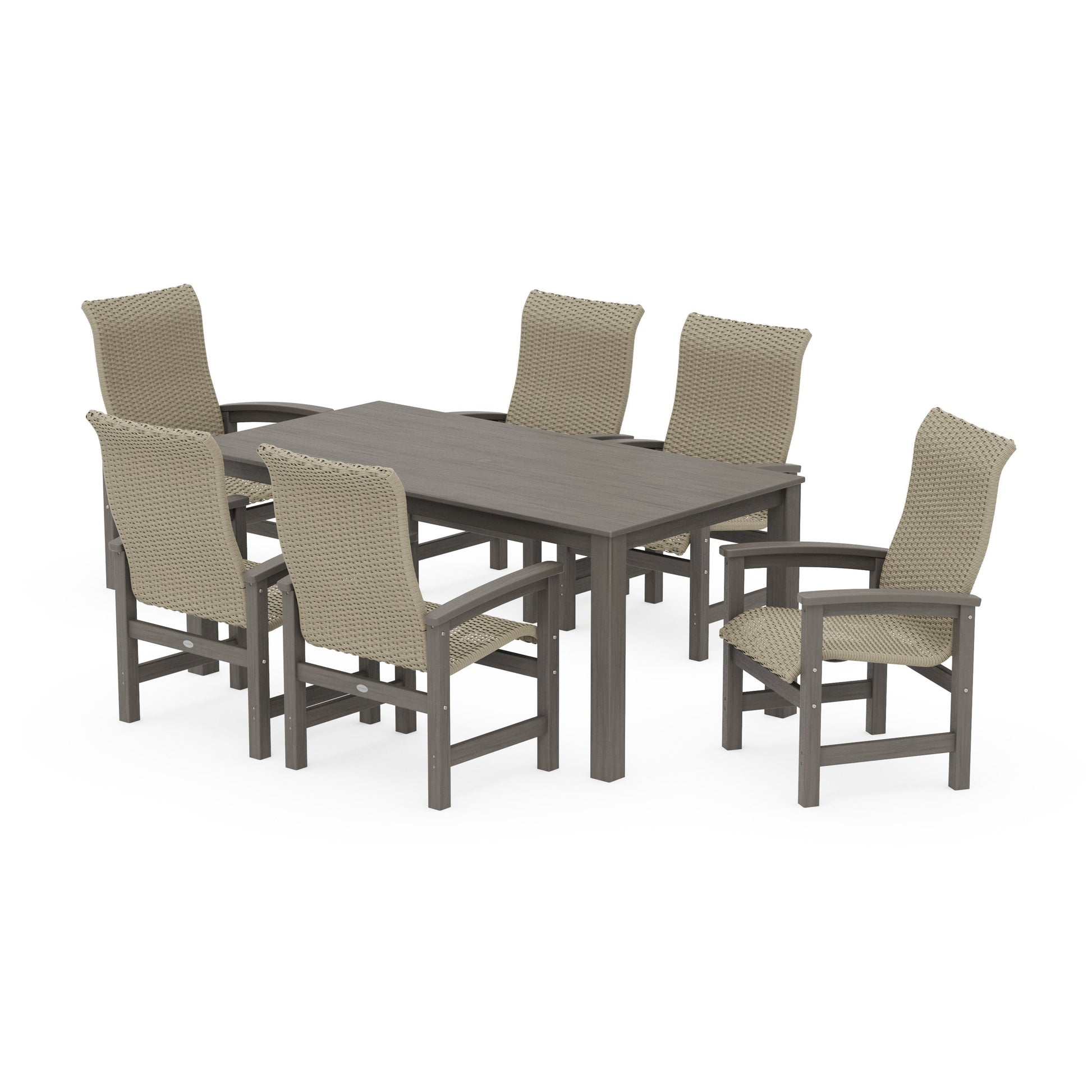 POLYWOOD Coastal Woven High-Back Arm Chair 7-Piece Parsons Dining Set — Driftwood / Dune Grass