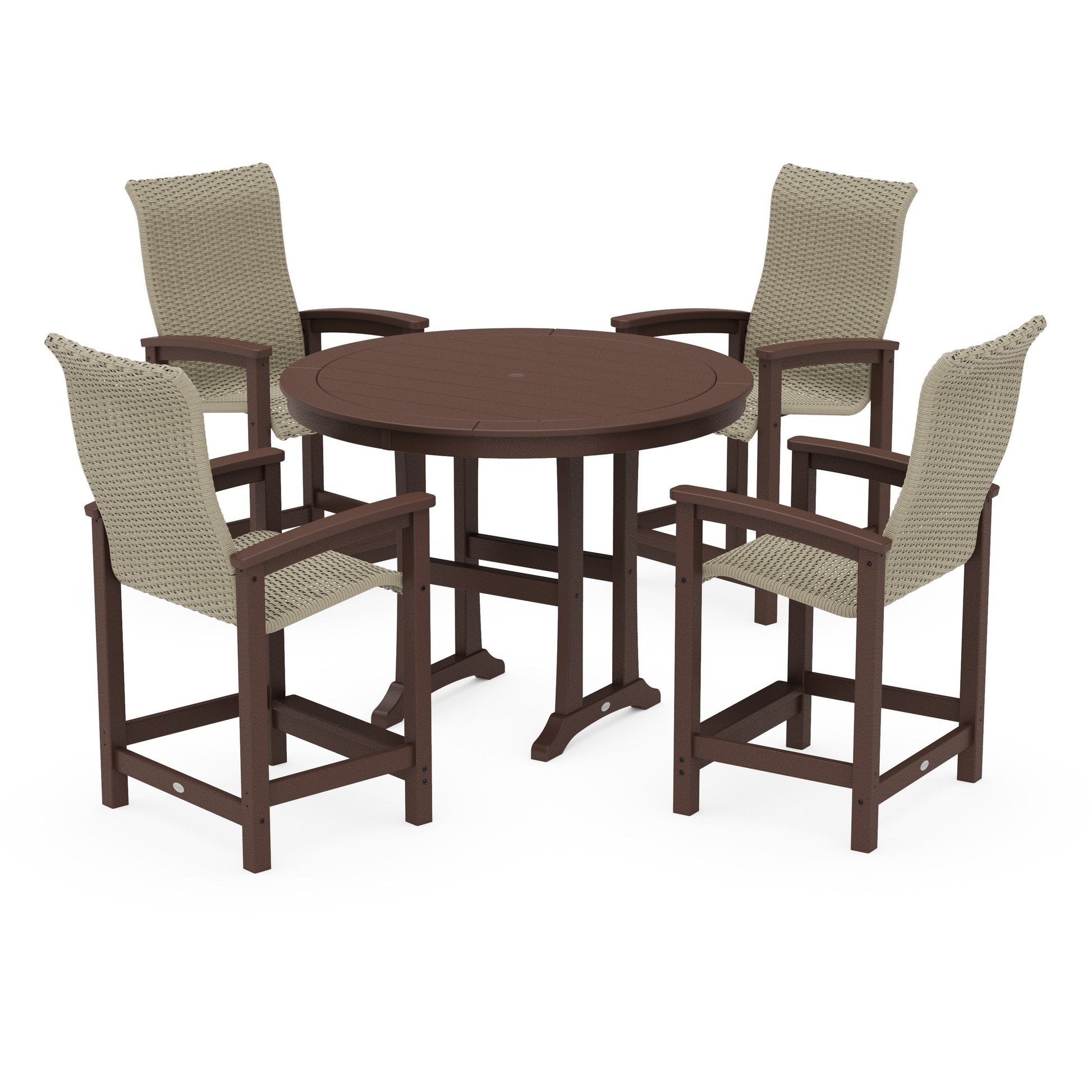 POLYWOOD Coastal Woven High-Back 5-Piece Round Counter Set — Mahogany / Dune Grass