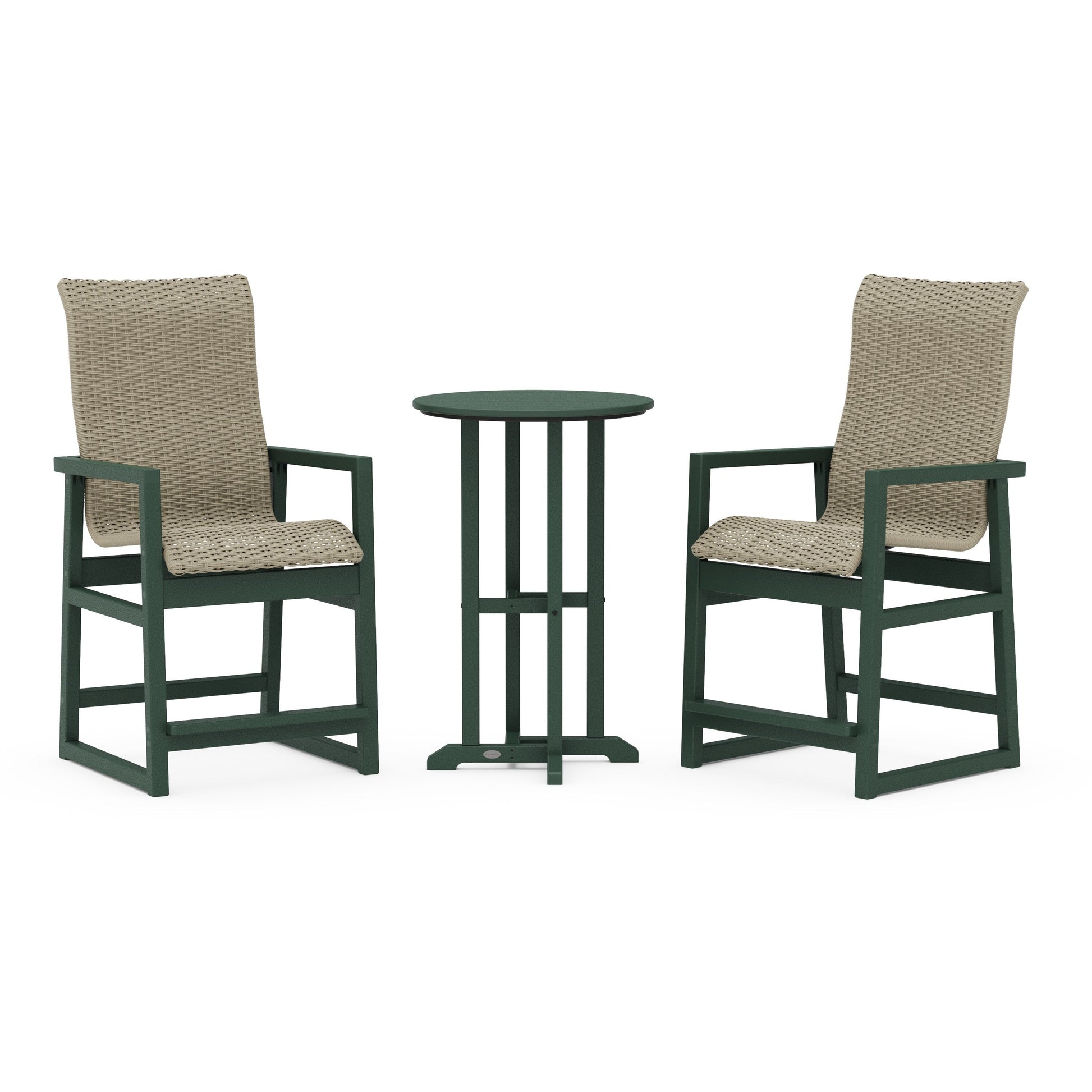 POLYWOOD EDGE Woven Highback 3-Piece Farmhouse Counter Set — Green / Dune Grass