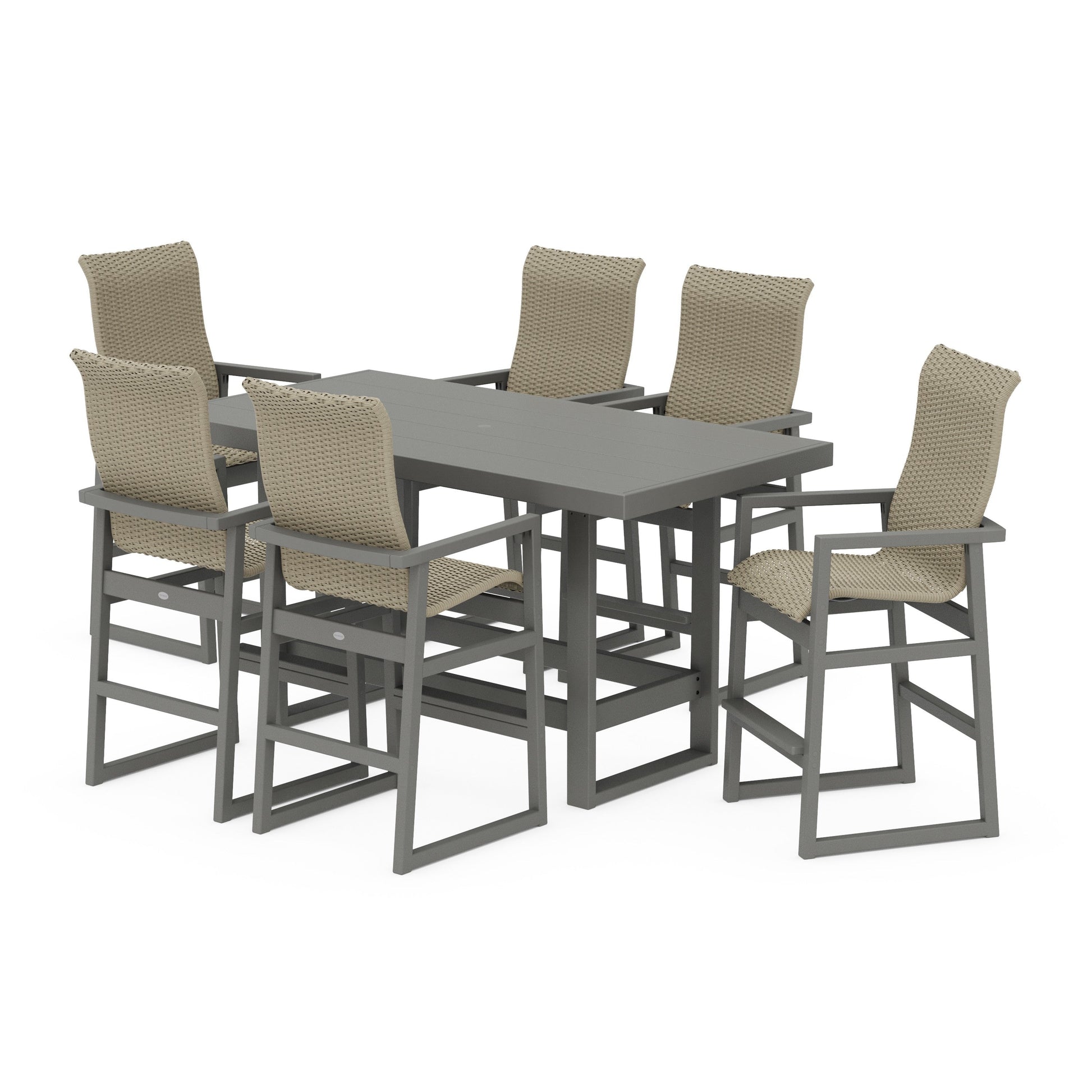 POLYWOOD EDGE Woven Highback Arm Chair 7-Piece Bar Set — Slate Grey / Dune Grass