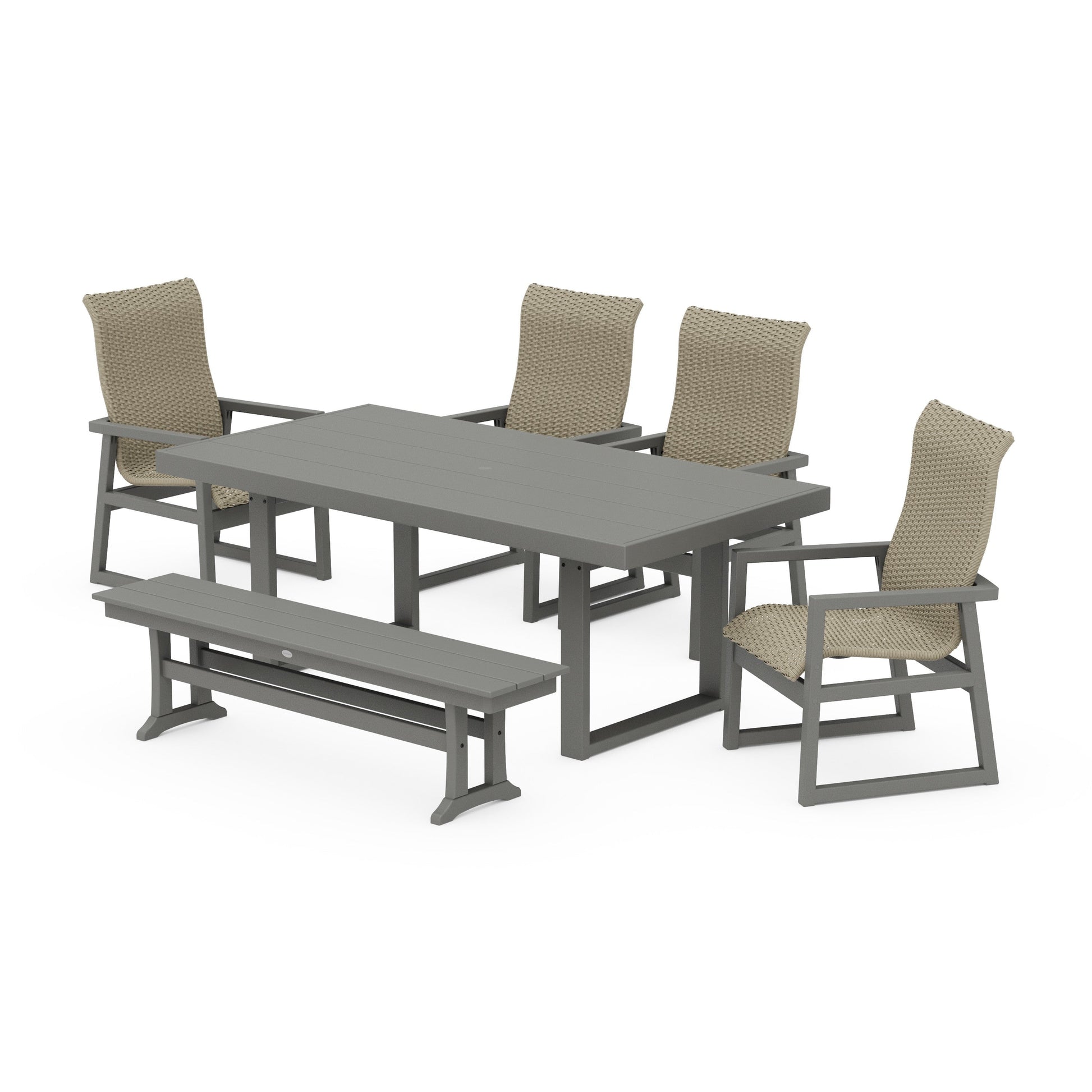 POLYWOOD EDGE Woven Highback 6-Piece Dining Set with Bench — Slate Grey / Dune Grass