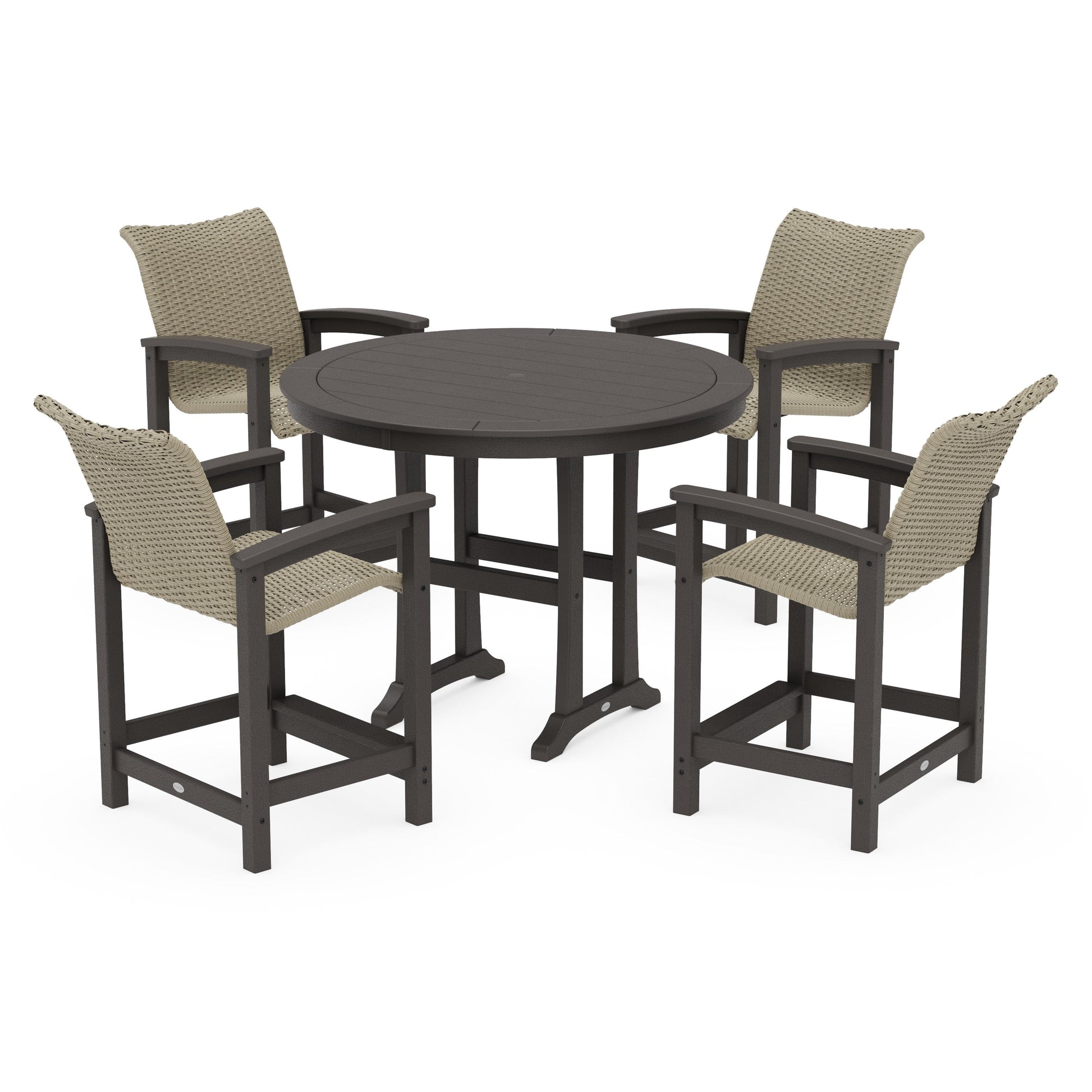 POLYWOOD Coastal Woven 5-Piece Round Counter Set — Vintage Coffee / Dune Grass