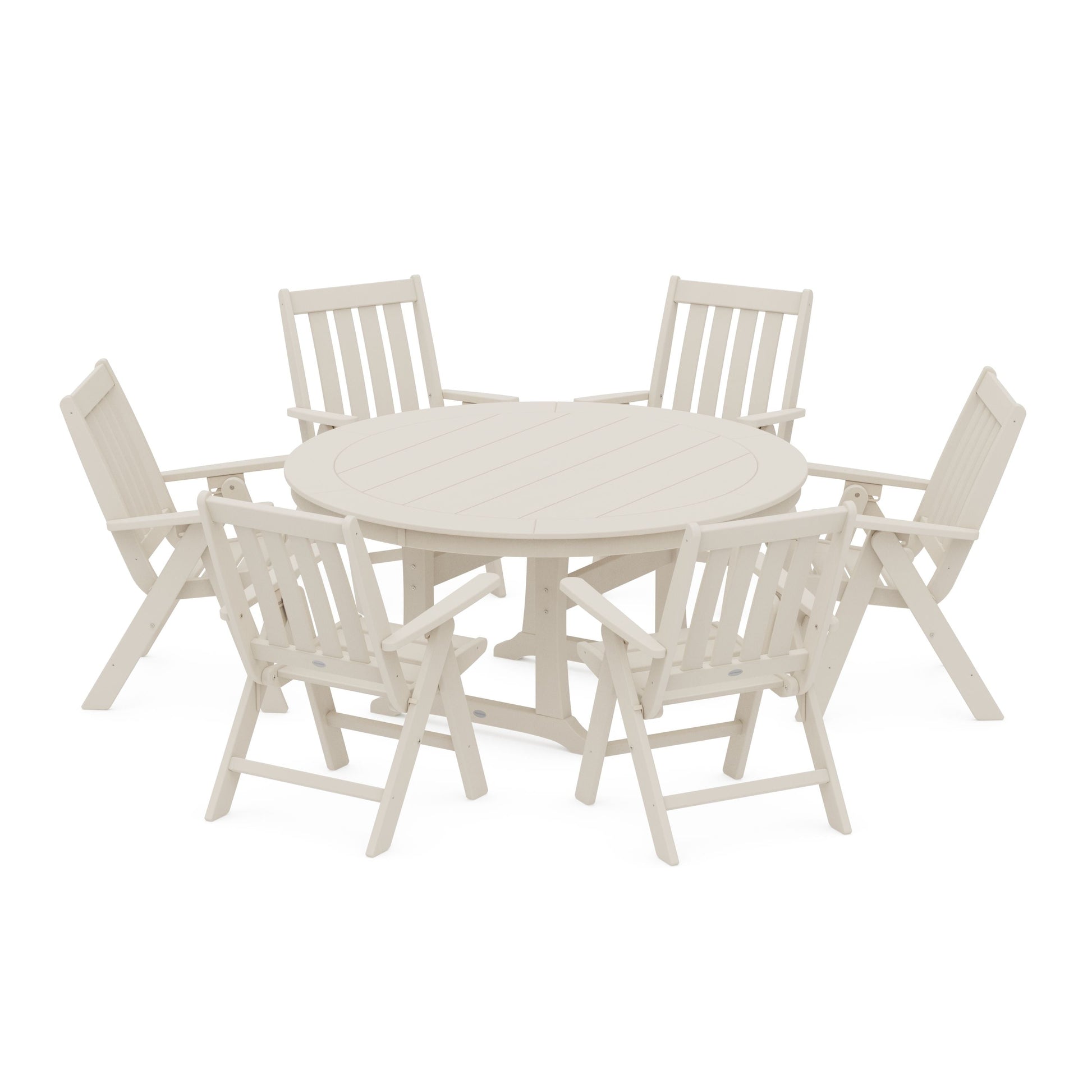 POLYWOOD Vineyard Folding 7-Piece Side Chair Round Dining Set — Sand