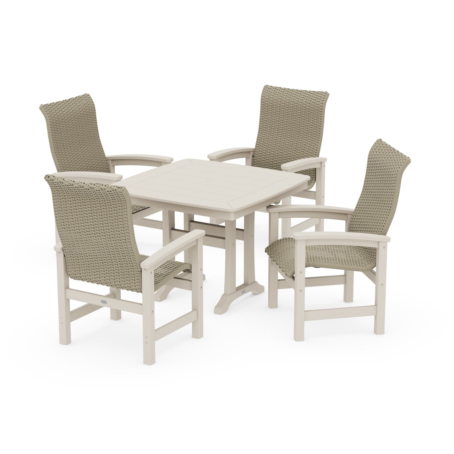 POLYWOOD Coastal Woven High-Back 5-Piece Dining Set with Trestle Legs — Sand / Dune Grass