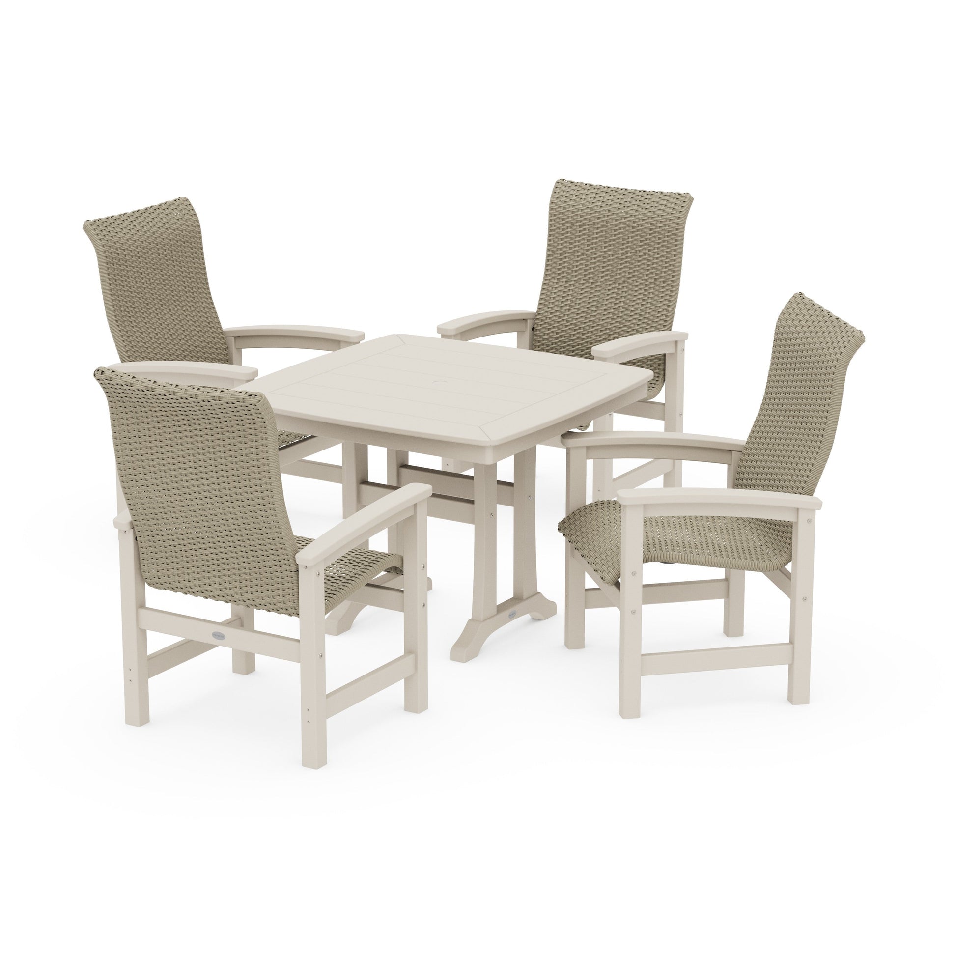 POLYWOOD Coastal Woven High-Back 5-Piece Dining Set with Trestle Legs — Sand / Dune Grass
