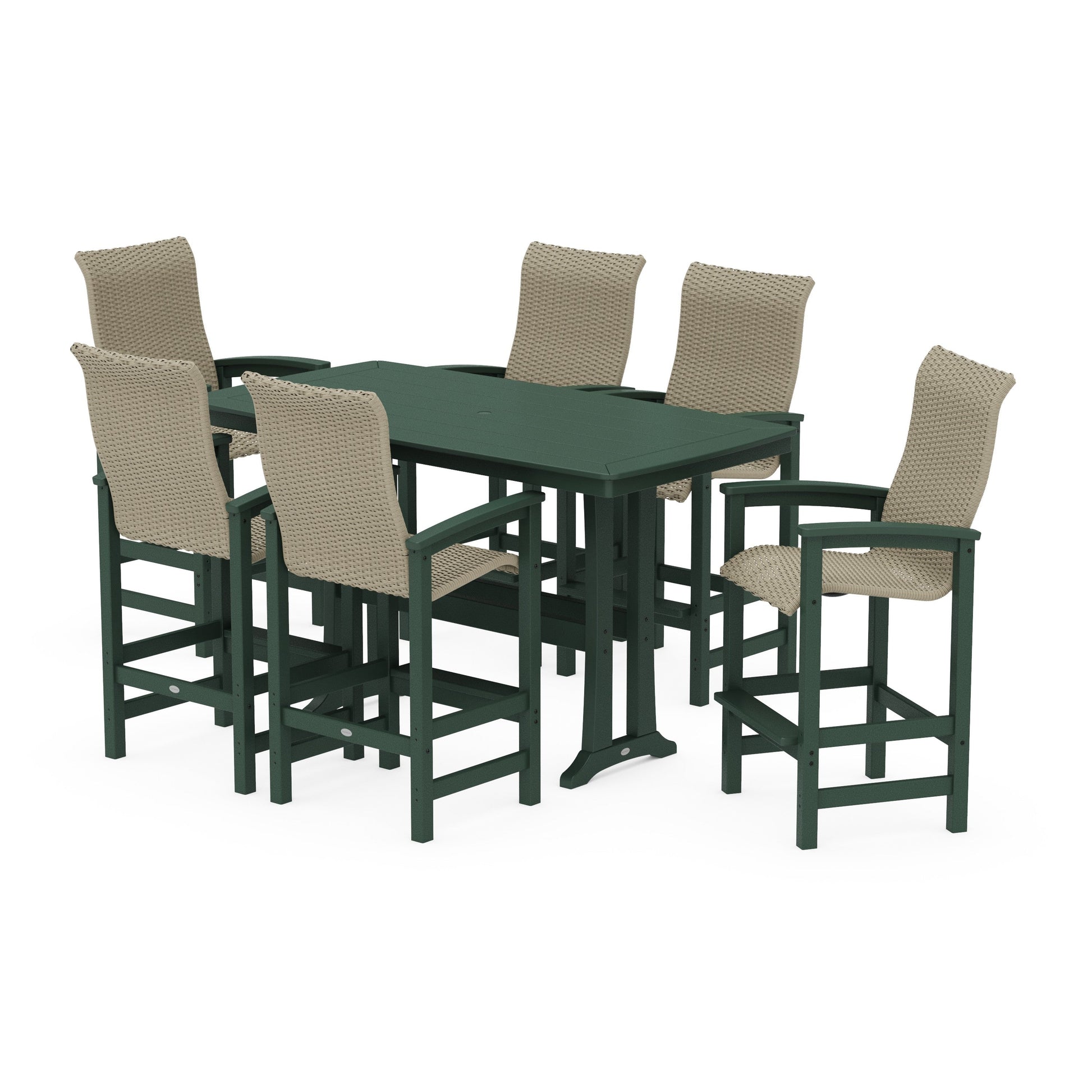 POLYWOOD Coastal Woven High-Back Arm Chair 7-Piece Bar Set with Trestle Legs — Green / Dune Grass