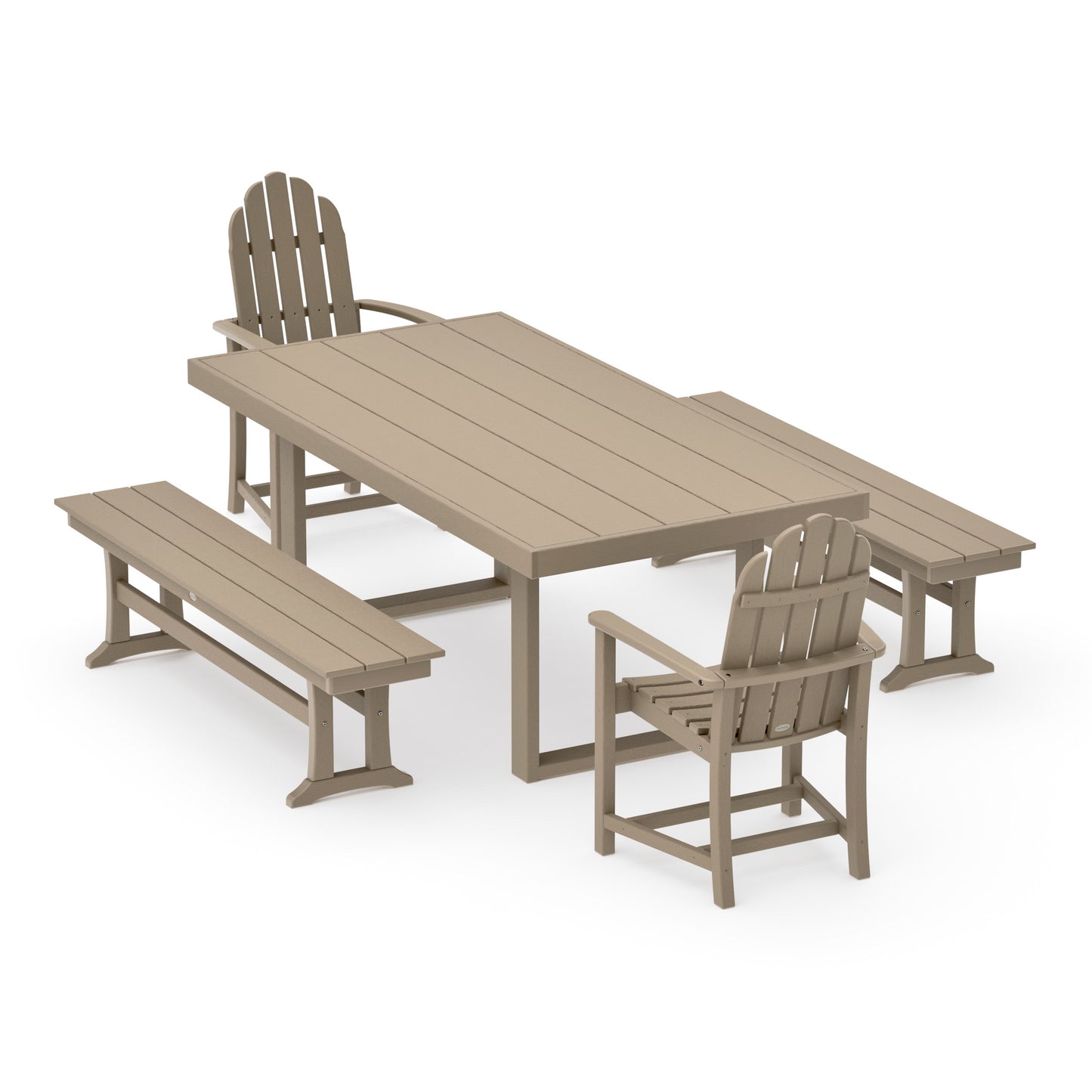POLYWOOD Classic Adirondack 5-Piece Dining Set with Benches — Vintage Sahara