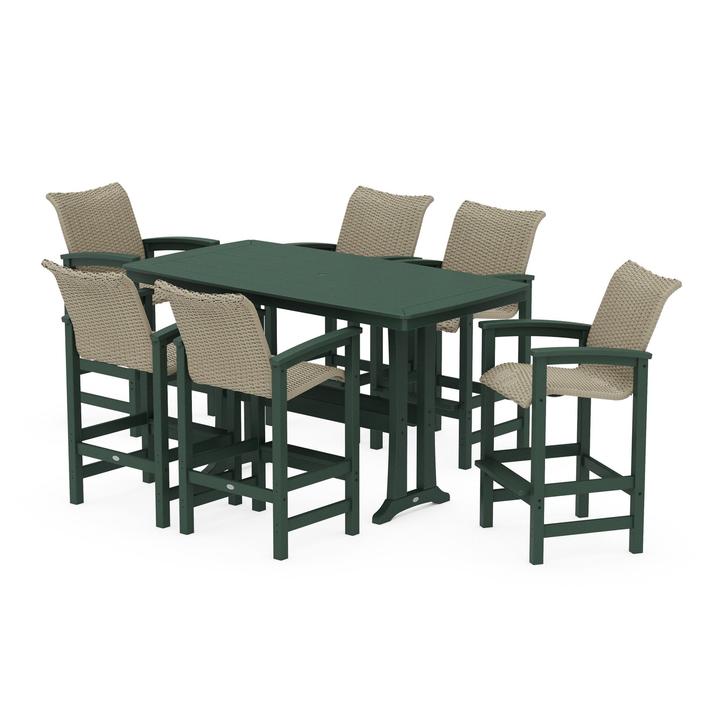 POLYWOOD Coastal Woven Arm Chair 7-Piece Bar Set with Trestle Legs — Green / Dune Grass