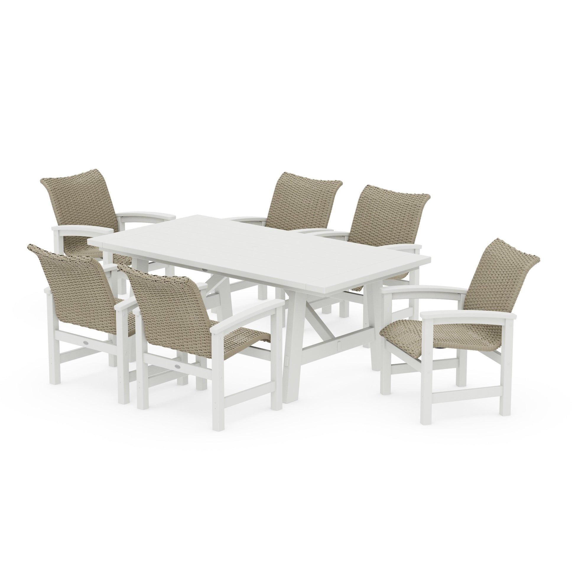 POLYWOOD Coastal Woven Arm Chair 7-Piece Rustic Farmhouse Dining Set — White / Dune Grass