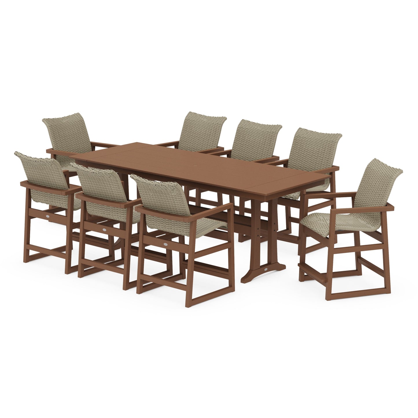 POLYWOOD EDGE Woven 9-Piece Farmhouse Counter Set with Trestle Legs — Teak / Dune Grass