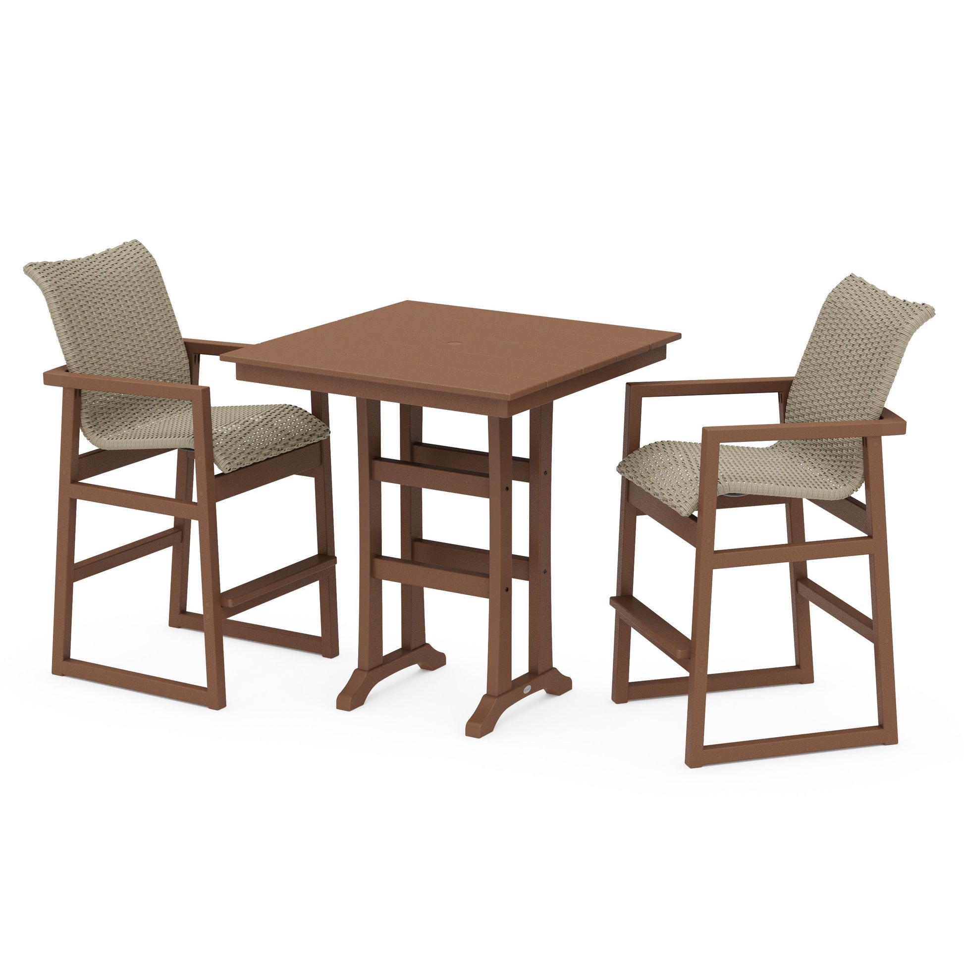 POLYWOOD EDGE Woven 3-Piece Farmhouse Bar Set with Trestle Legs — Teak / Dune Grass