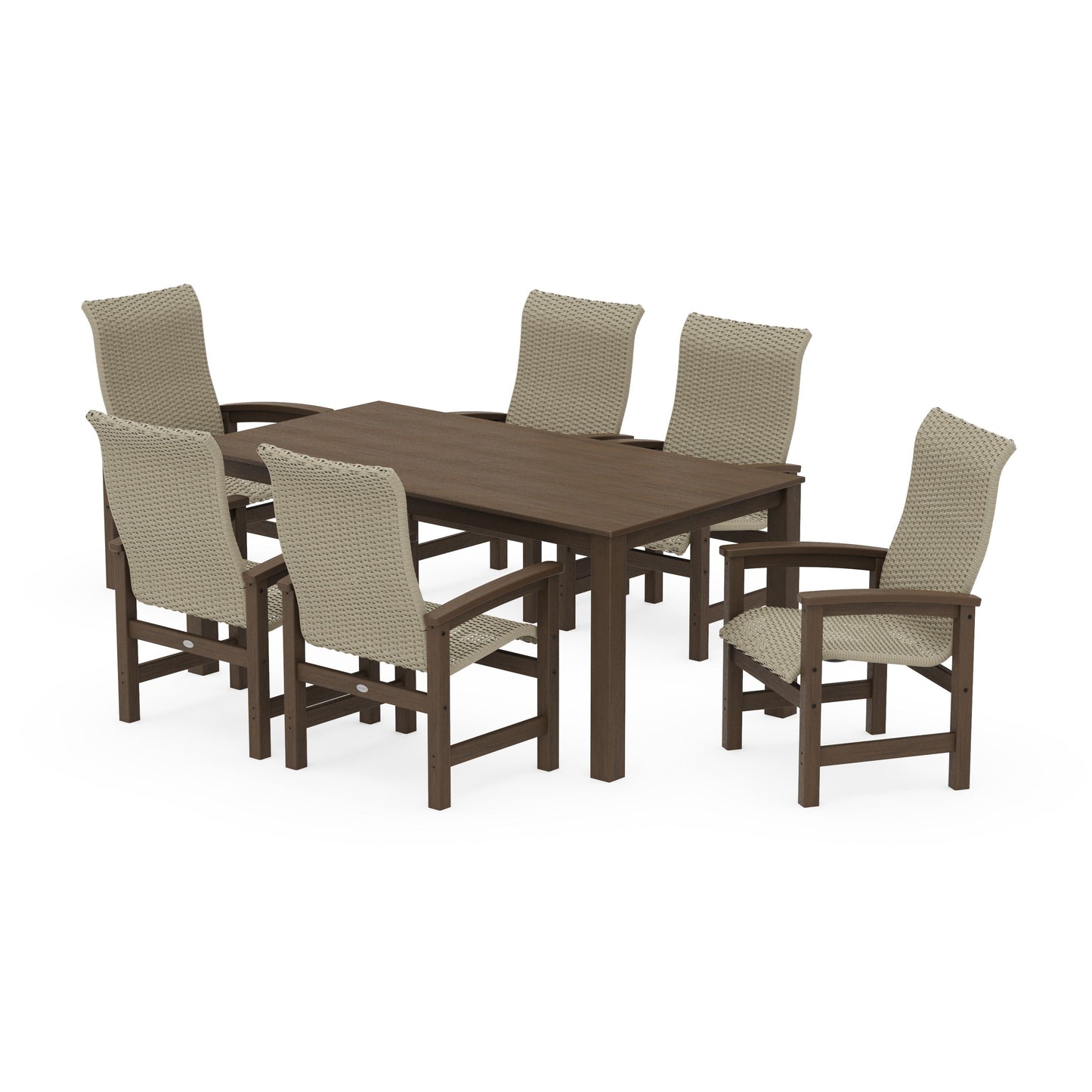 POLYWOOD Coastal Woven High-Back Arm Chair 7-Piece Parsons Dining Set — Kona / Dune Grass