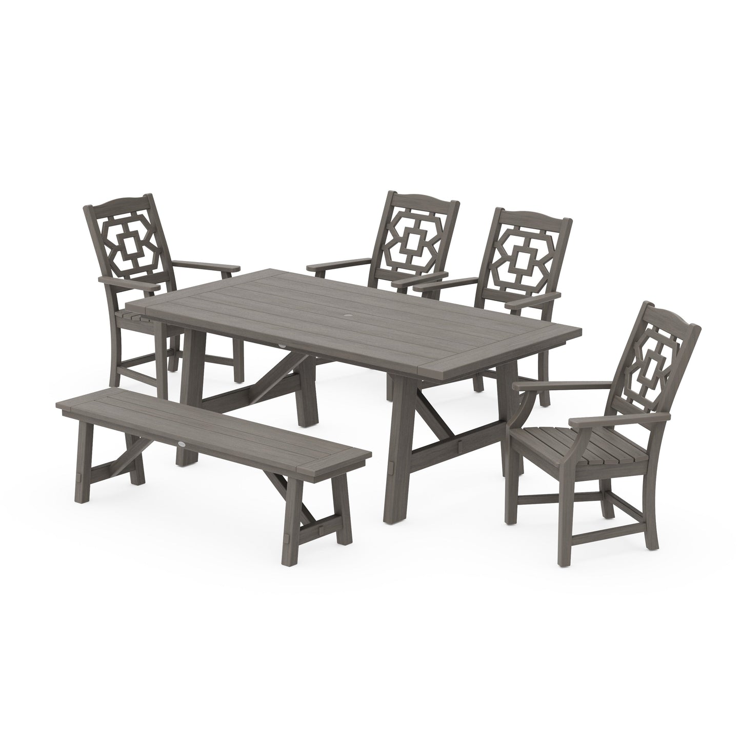 POLYWOOD Chinoiserie 6-Piece Rustic Farmhouse Dining Set with Bench — Driftwood