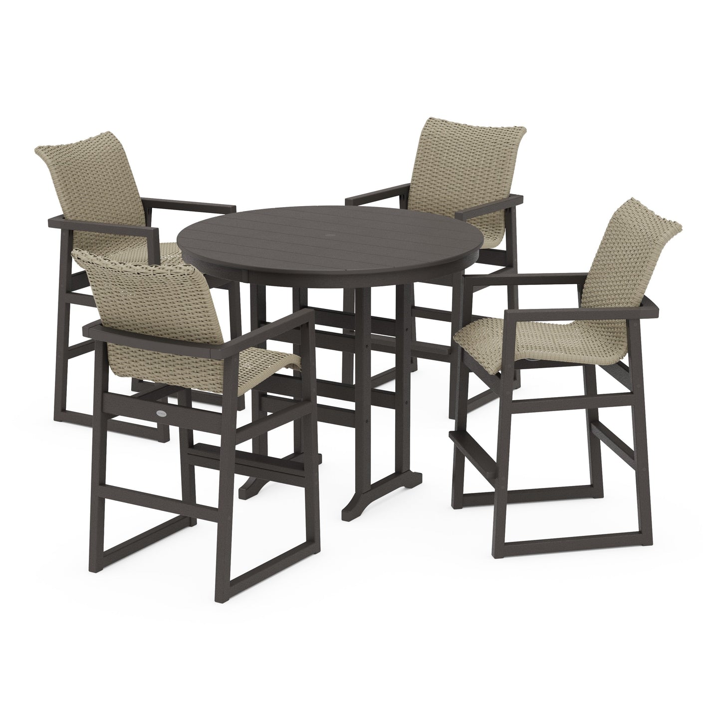 POLYWOOD EDGE Woven 5-Piece Round Farmhouse Bar Set — Vintage Coffee / Dune Grass
