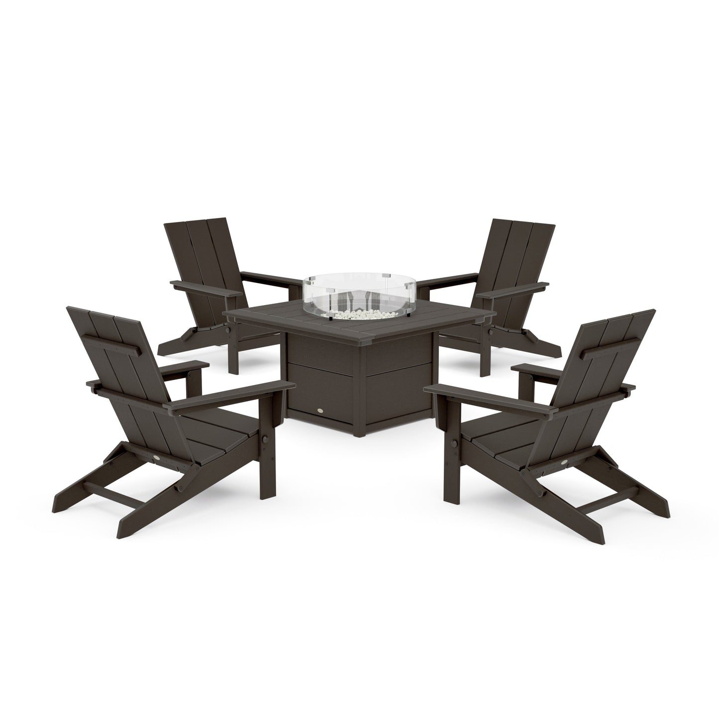 POLYWOOD 5-Piece Modern Studio Folding Adirondack Conversation Set with Fire Pit Table — Vintage Coffee