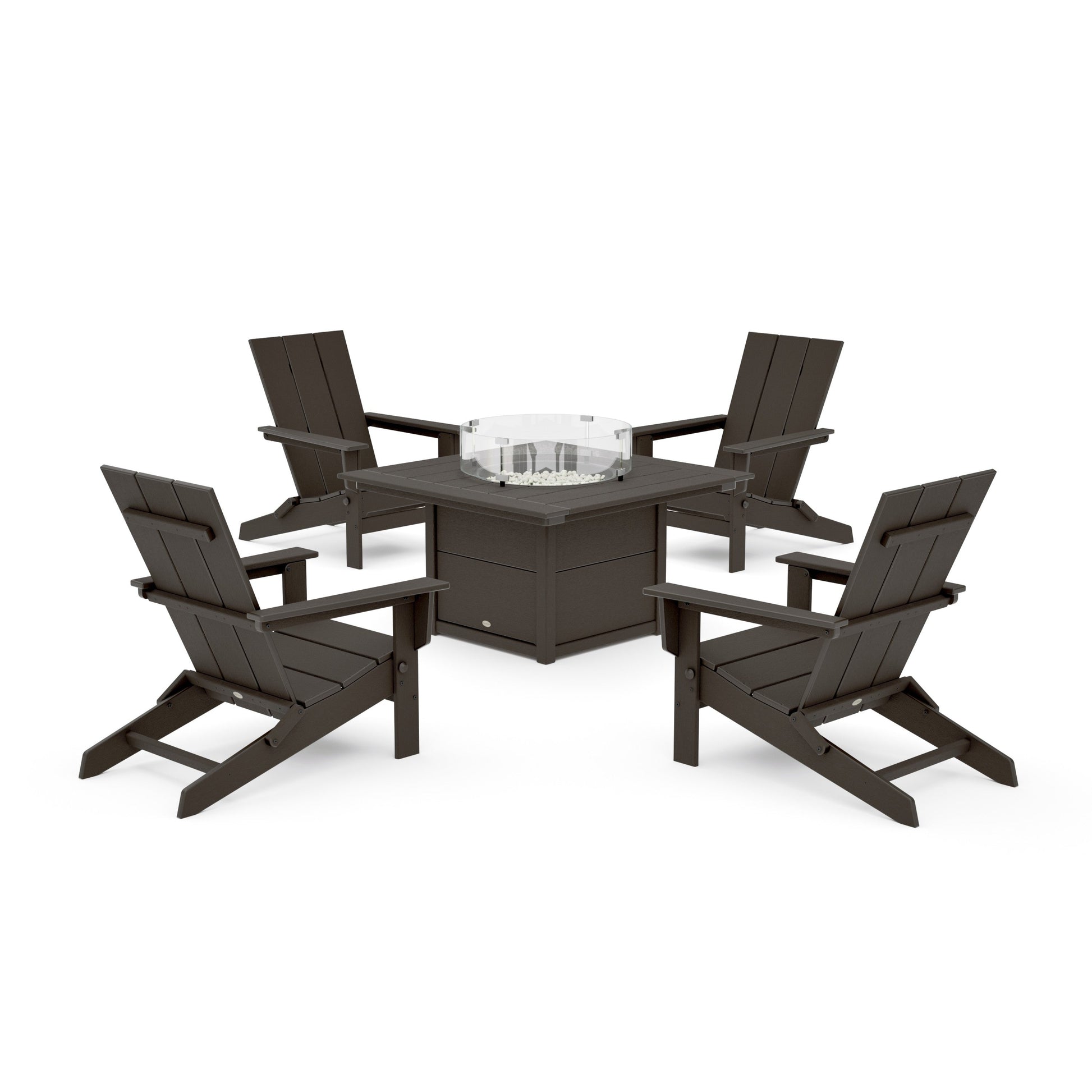 POLYWOOD 5-Piece Modern Studio Folding Adirondack Conversation Set with Fire Pit Table — Vintage Coffee