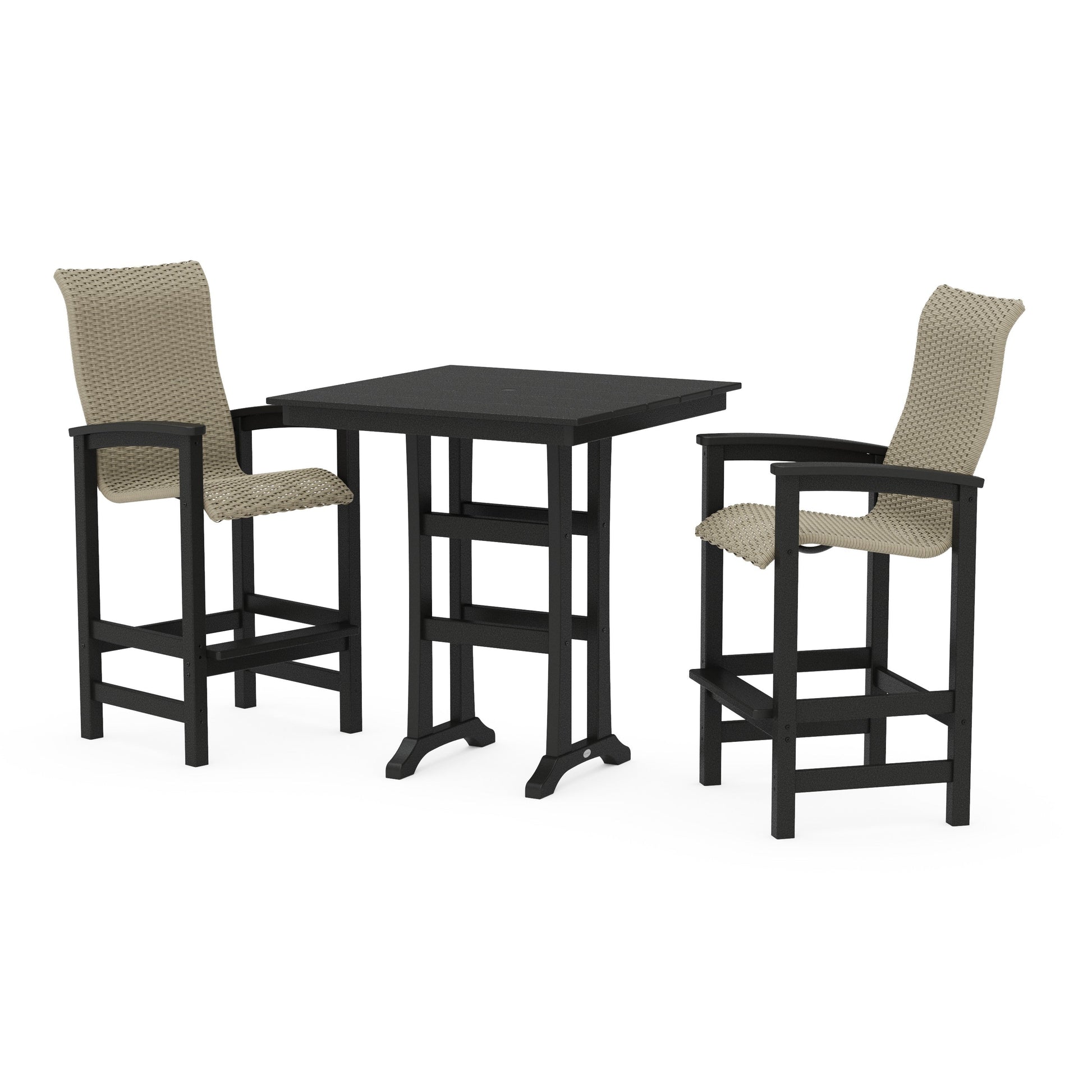 POLYWOOD Coastal Woven High-Back 3-Piece Farmhouse Bar Set with Trestle Legs — Black / Dune Grass